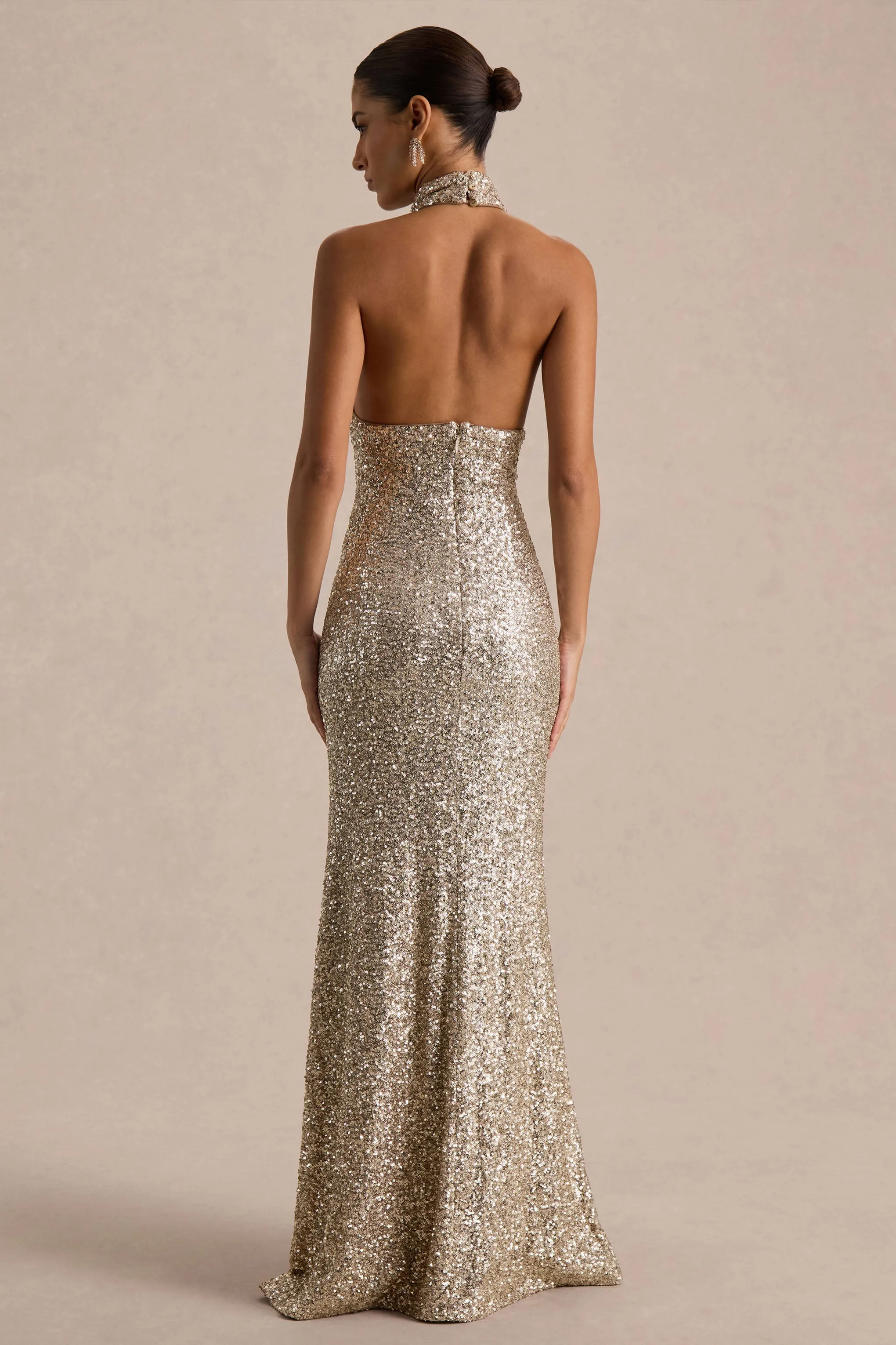 Tulia | Champagne Sequin High-Neck Maxi Dress sold by Club L London product image thumbnail 2