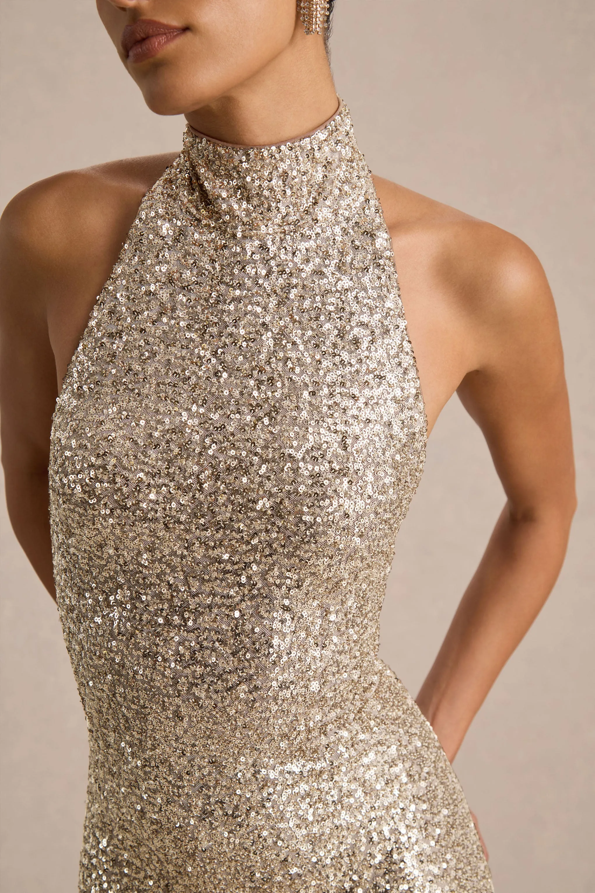 Tulia | Champagne Sequin High-Neck Maxi Dress sold by Club L London product image thumbnail 3