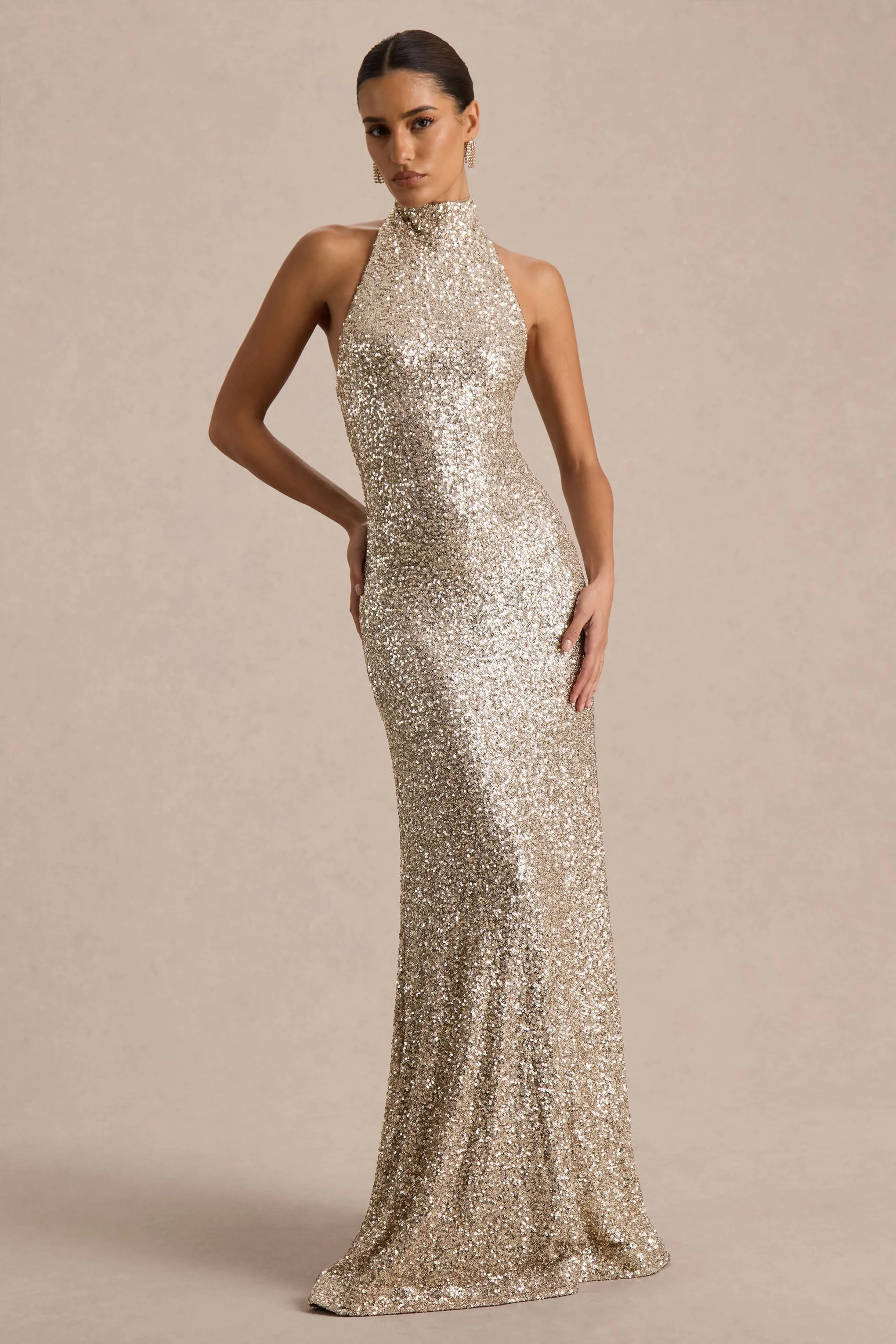 Tulia | Champagne Sequin High-Neck Maxi Dress sold by Club L London product image thumbnail 4