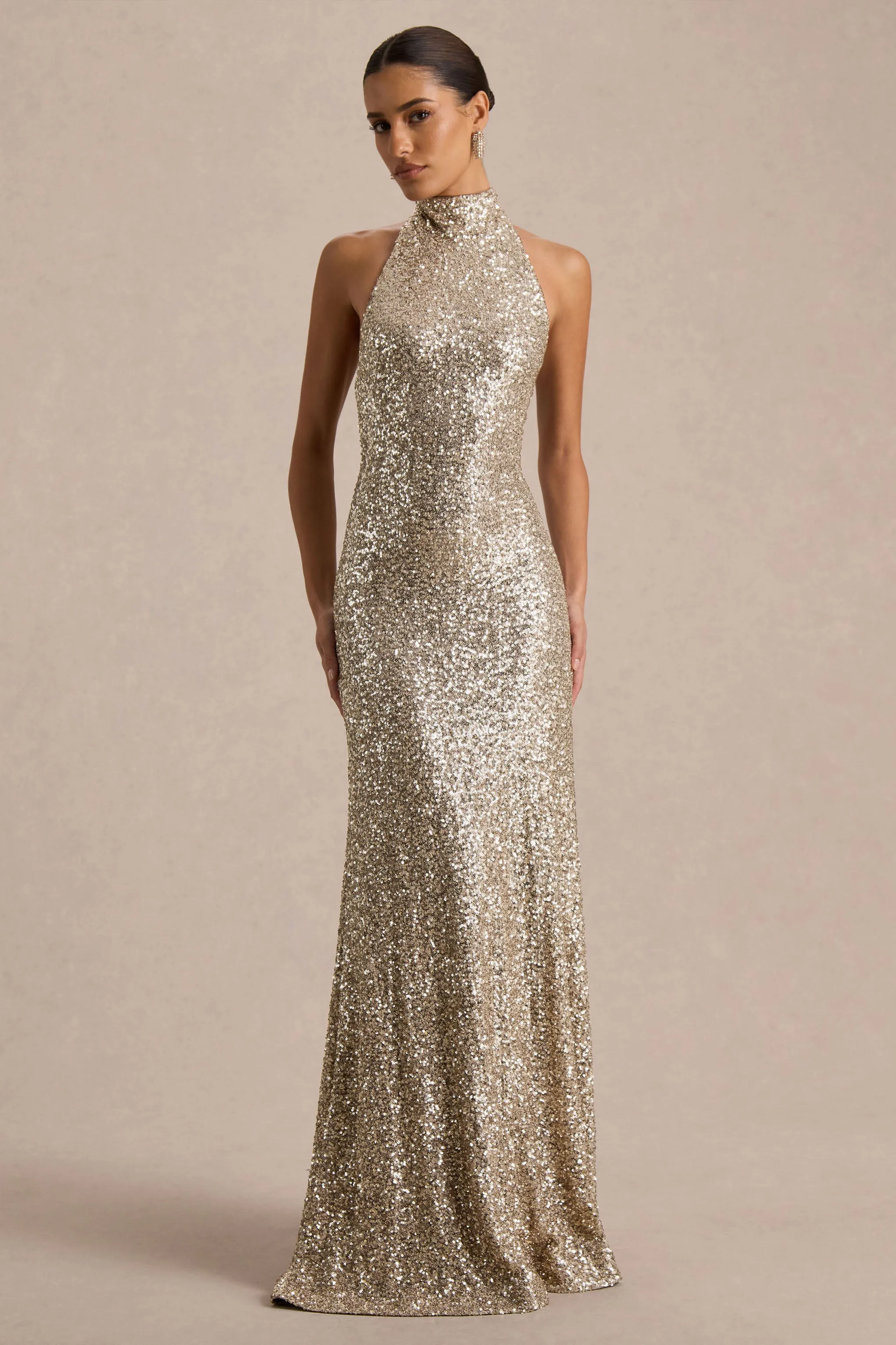 Tulia | Champagne Sequin High-Neck Maxi Dress sold by Club L London