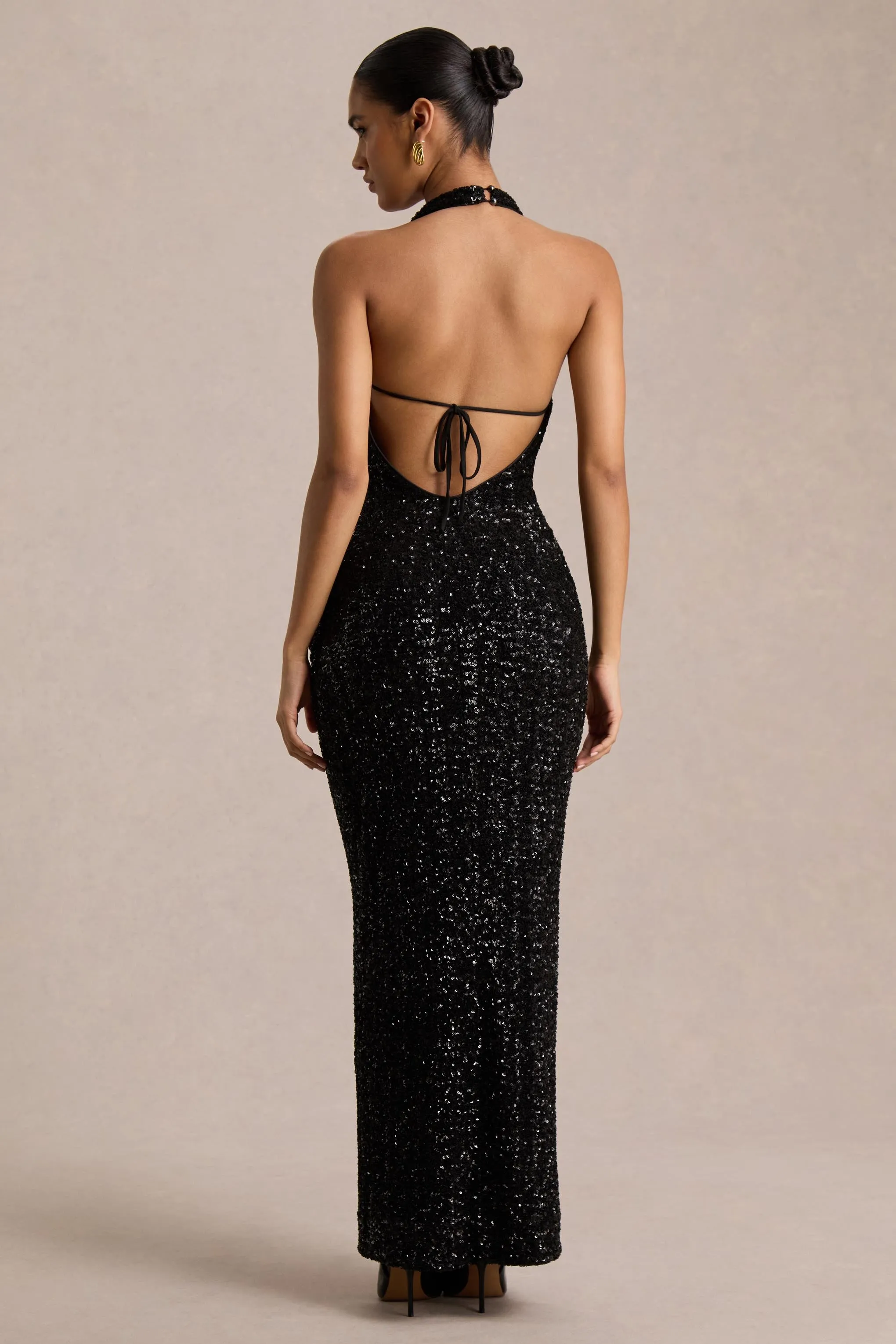 Gio | Black Sequin Plunge-Neck Wrap Maxi Dress With Ruched Detailing sold by Club L London product image thumbnail 2