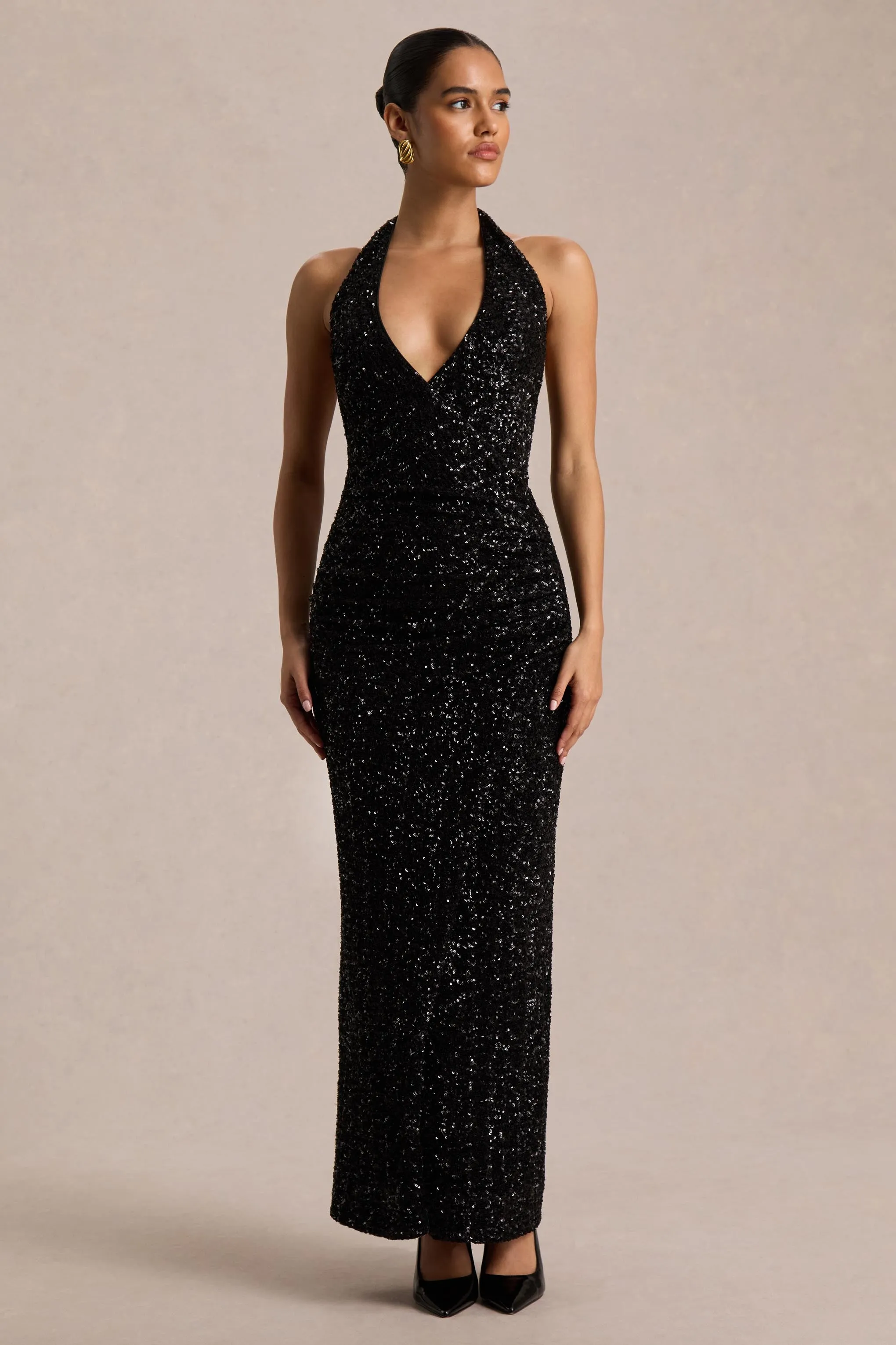 Gio | Black Sequin Plunge-Neck Wrap Maxi Dress With Ruched Detailing sold by Club L London product image thumbnail 3