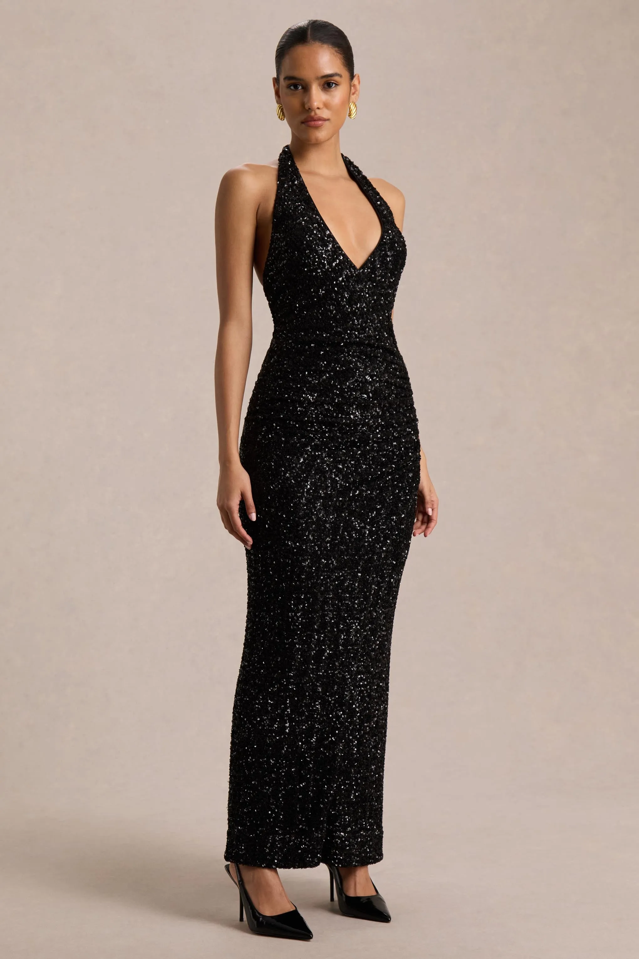 Gio | Black Sequin Plunge-Neck Wrap Maxi Dress With Ruched Detailing sold by Club L London product image thumbnail 4