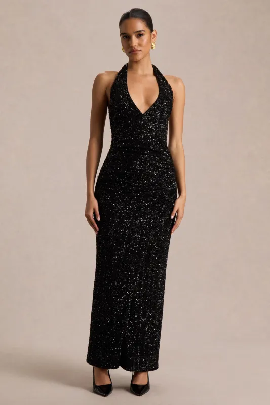 Gio | Black Sequin Plunge-Neck Wrap Maxi Dress With Ruched Detailing sold by Club L London