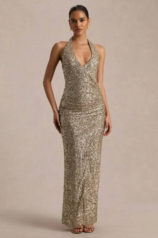 Gio | Champagne Sequin Plunge-Neck Wrap Maxi Dress With Ruched Detailing sold by Club L London