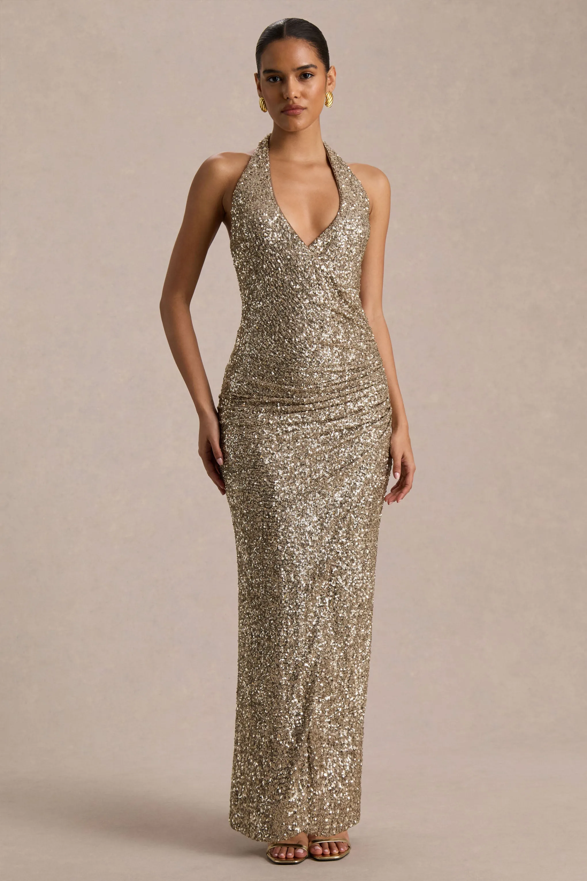 Gio | Champagne Sequin Plunge-Neck Wrap Maxi Dress With Ruched Detailing sold by Club L London