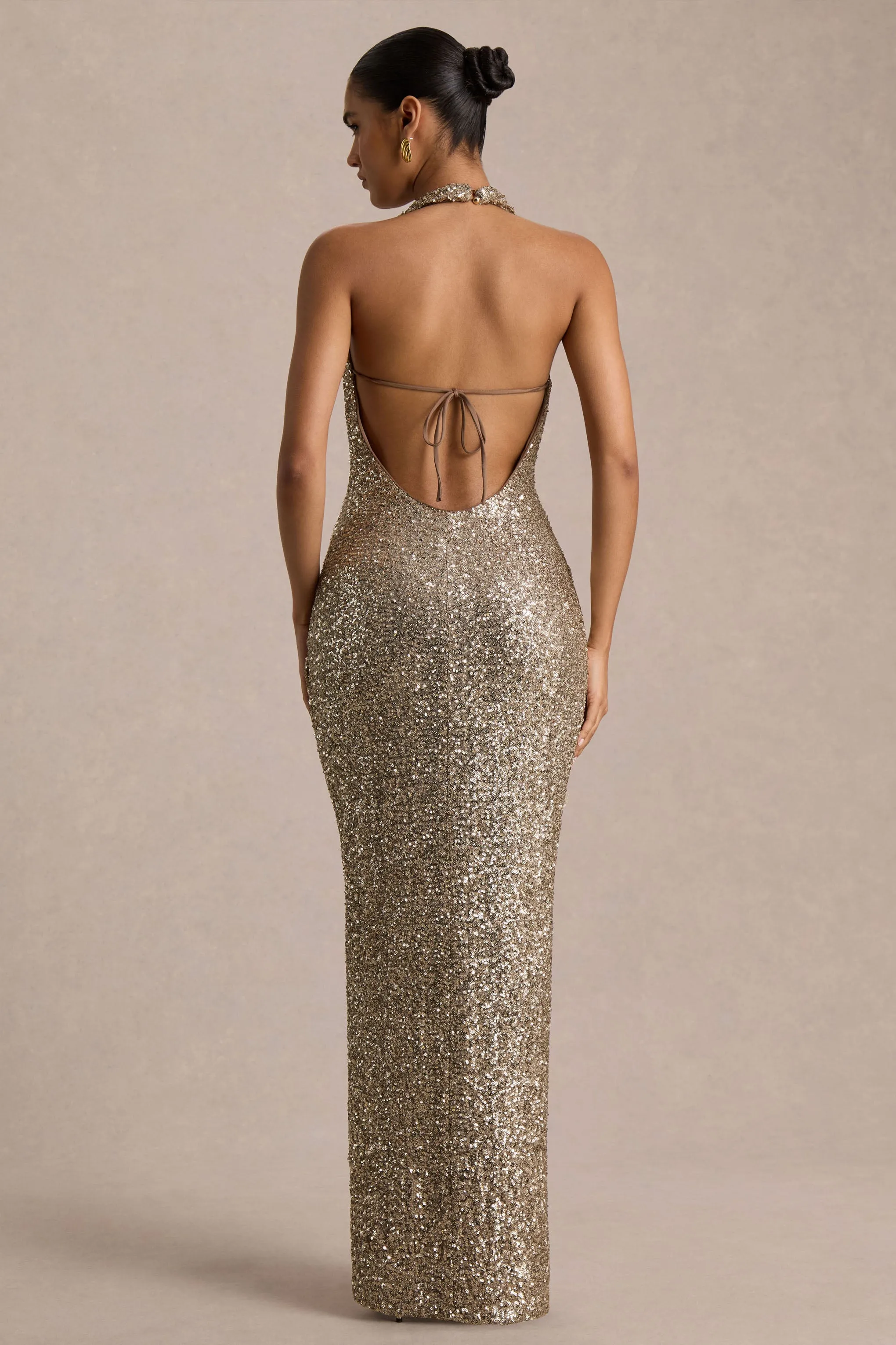 Gio | Champagne Sequin Plunge-Neck Wrap Maxi Dress With Ruched Detailing sold by Club L London product image thumbnail 2