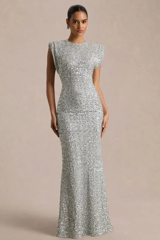 Aurah | Silver Sequin Crew-Neck Maxi Dress With Cap Sleeves sold by Club L London