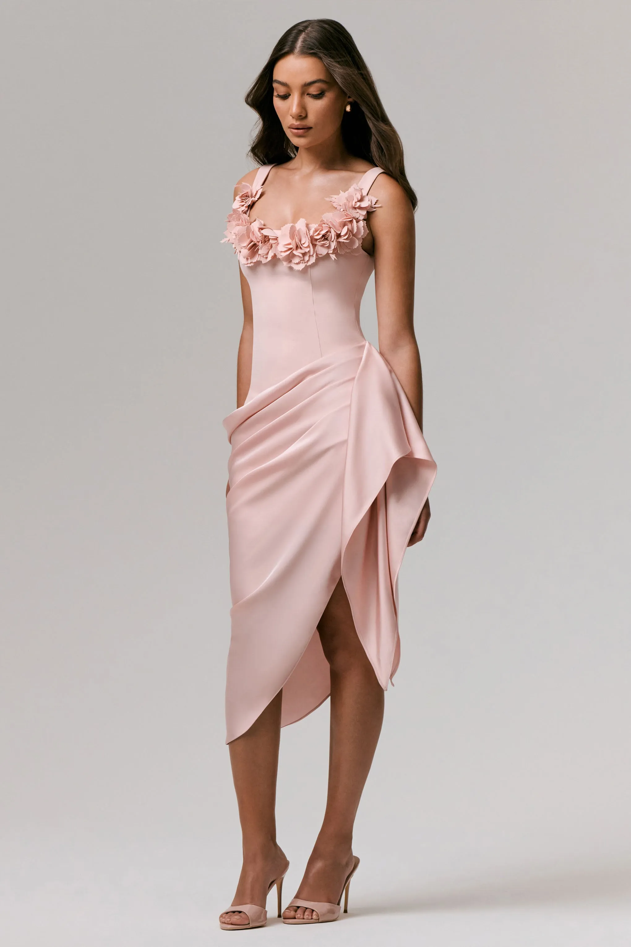 Letitia | Pale Pink Square-Neck Floral Detailed Wrap Midi Dress sold by Club L London product image thumbnail 3