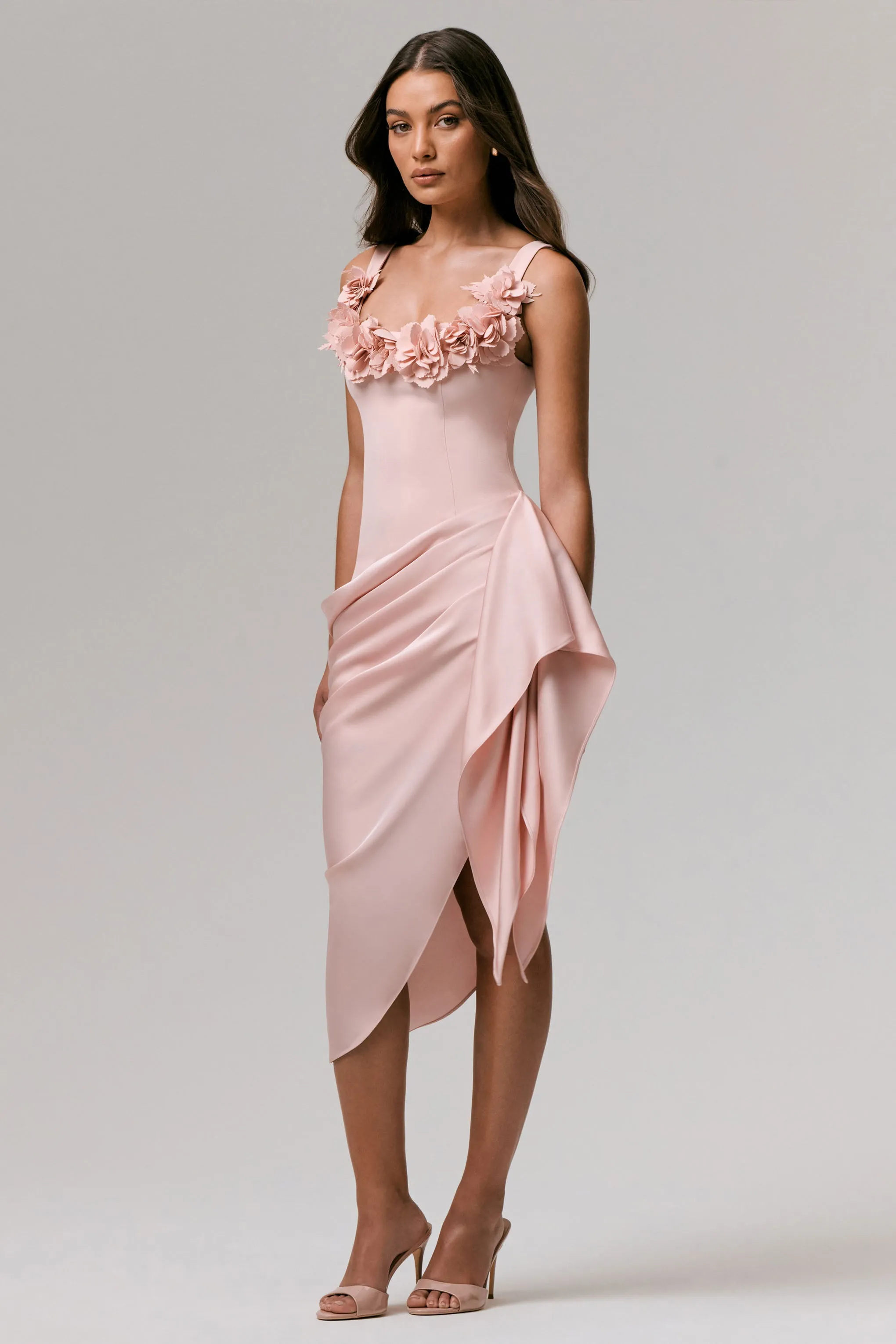 Letitia | Pale Pink Square-Neck Floral Detailed Wrap Midi Dress sold by Club L London product image thumbnail 4