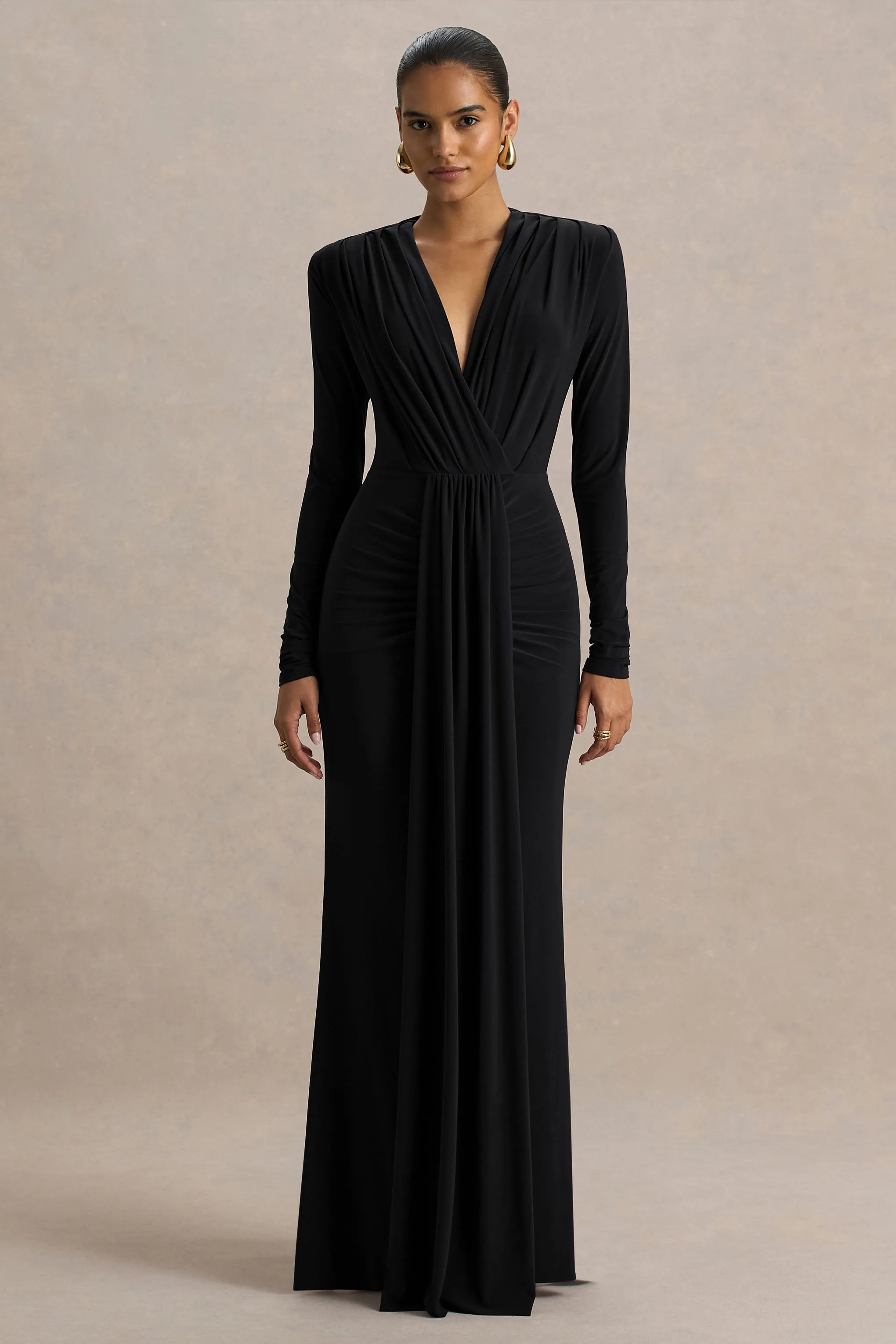 Flashy | Black Plunge-Neck Maxi Dress With Ruched Detailing sold by Club L London product image thumbnail 5