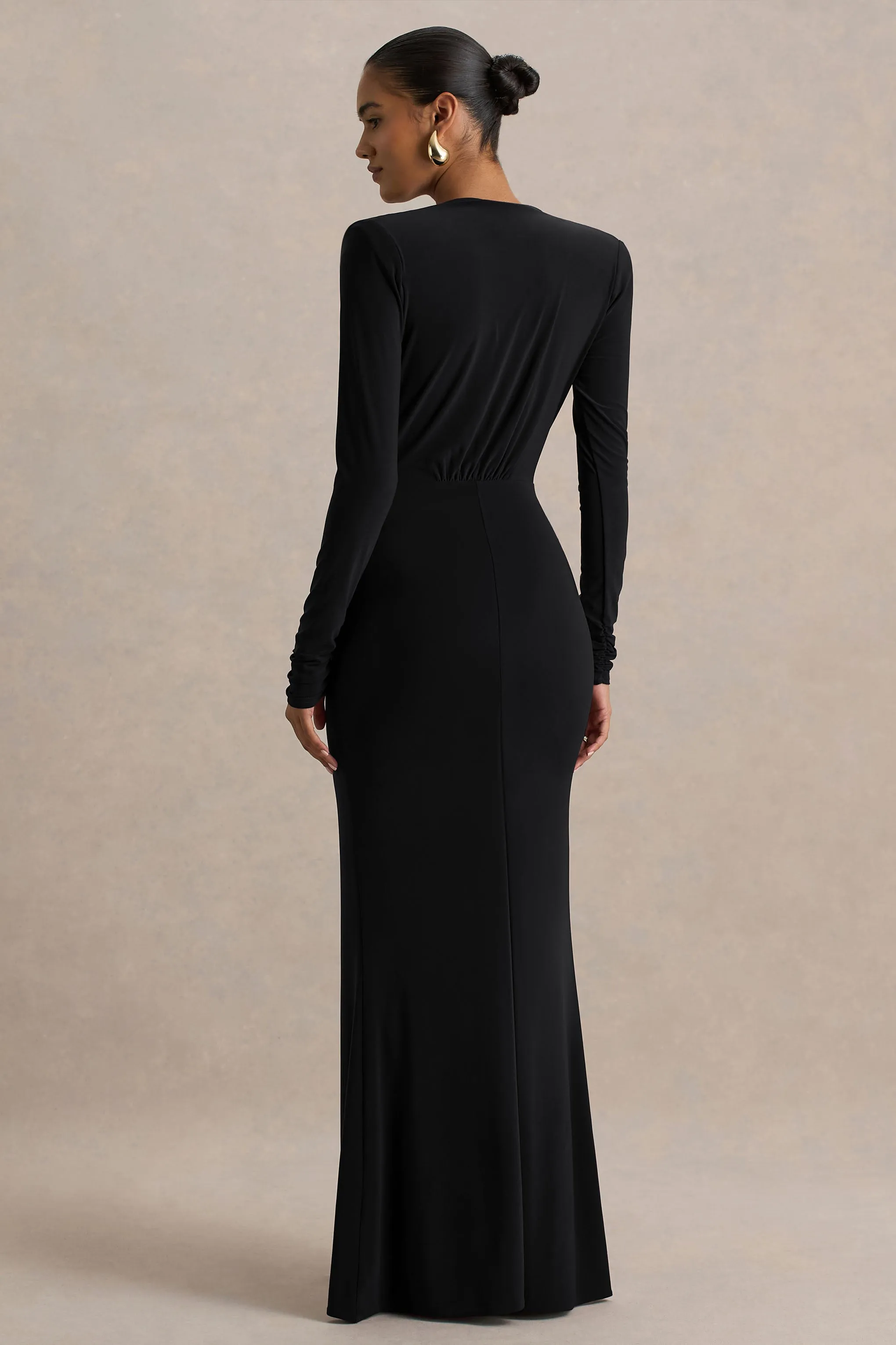 Flashy | Black Plunge-Neck Maxi Dress With Ruched Detailing sold by Club L London product image thumbnail 2
