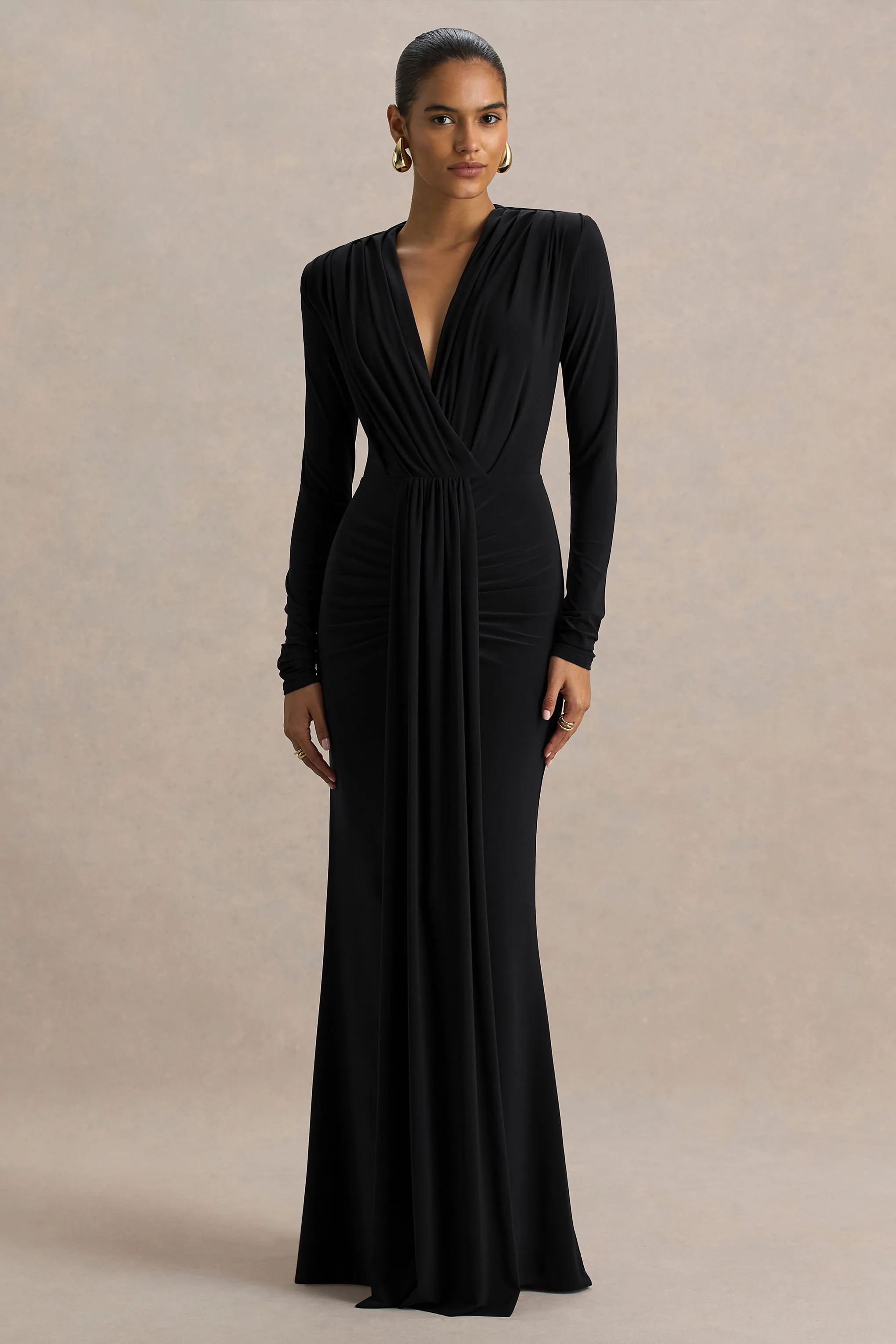 Flashy | Black Plunge-Neck Maxi Dress With Ruched Detailing sold by Club L London product image thumbnail 4