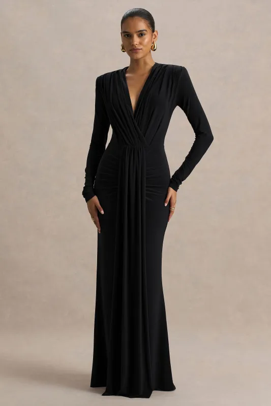 Flashy | Black Plunge-Neck Maxi Dress With Ruched Detailing sold by Club L London