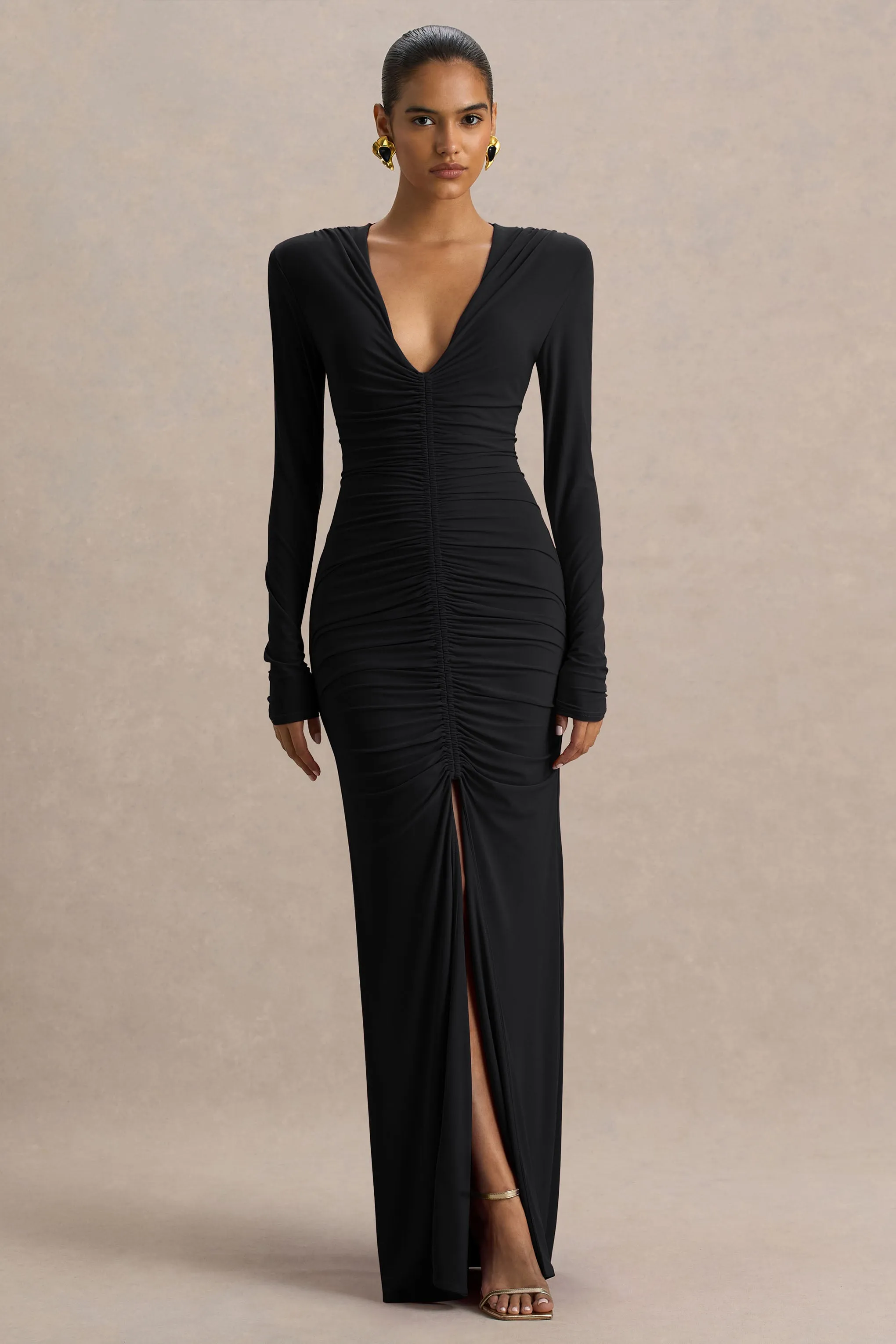 Jewel | Black Plunge-Neck Maxi Dress With Front Split and Ruched Detailing sold by Club L London product image thumbnail 4