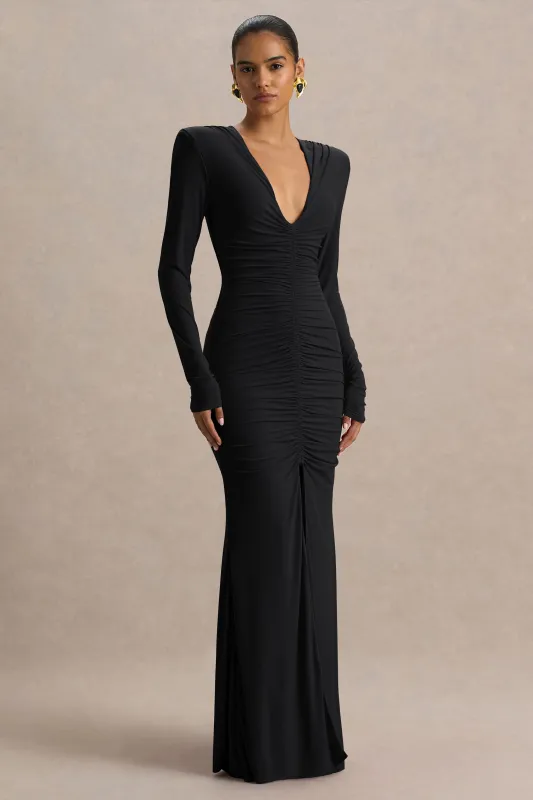 Jewel | Black Plunge-Neck Maxi Dress With Front Split and Ruched Detailing sold by Club L London