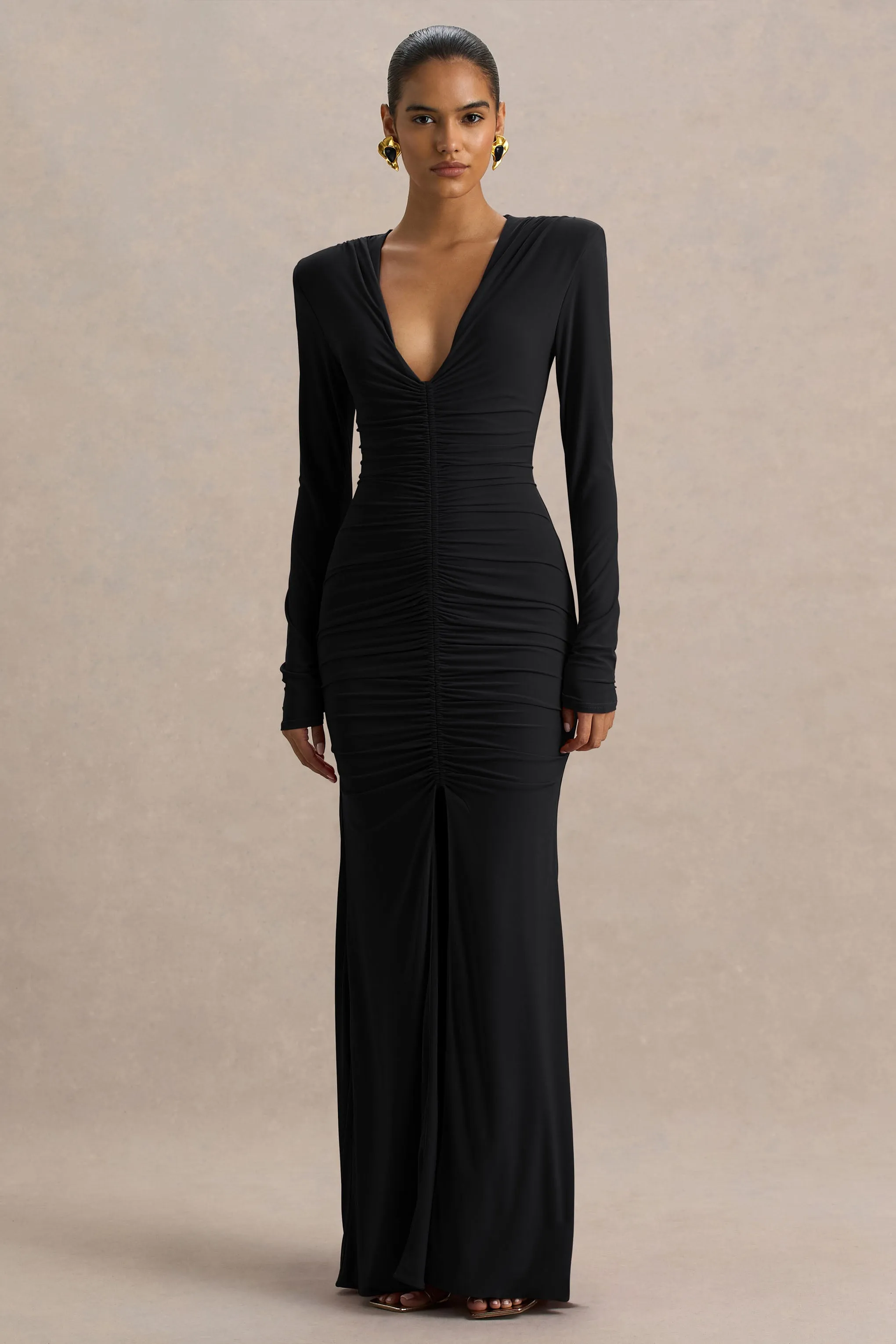 Jewel | Black Plunge-Neck Maxi Dress With Front Split and Ruched Detailing sold by Club L London product image thumbnail 5