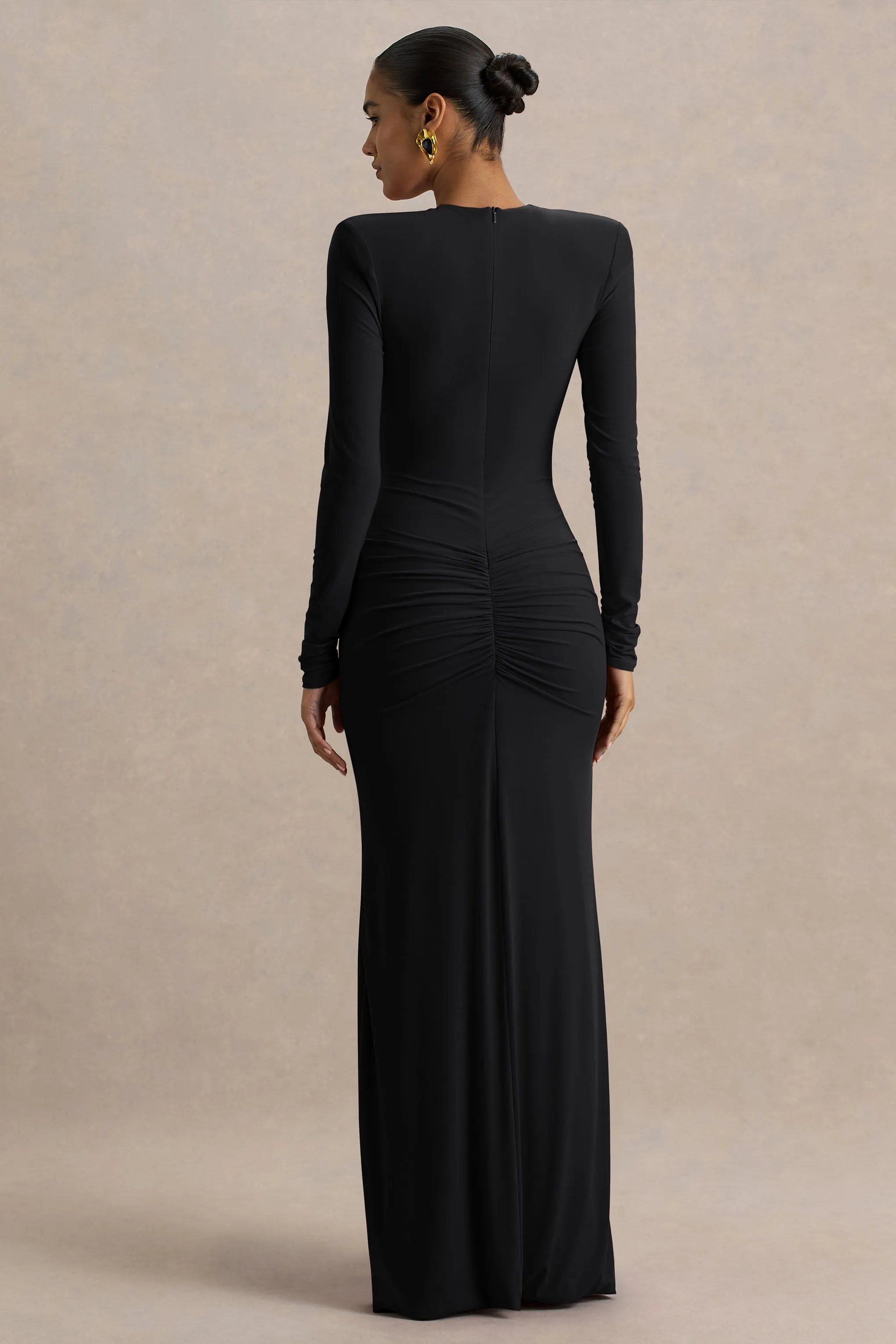 Jewel | Black Plunge-Neck Maxi Dress With Front Split and Ruched Detailing sold by Club L London product image thumbnail 2
