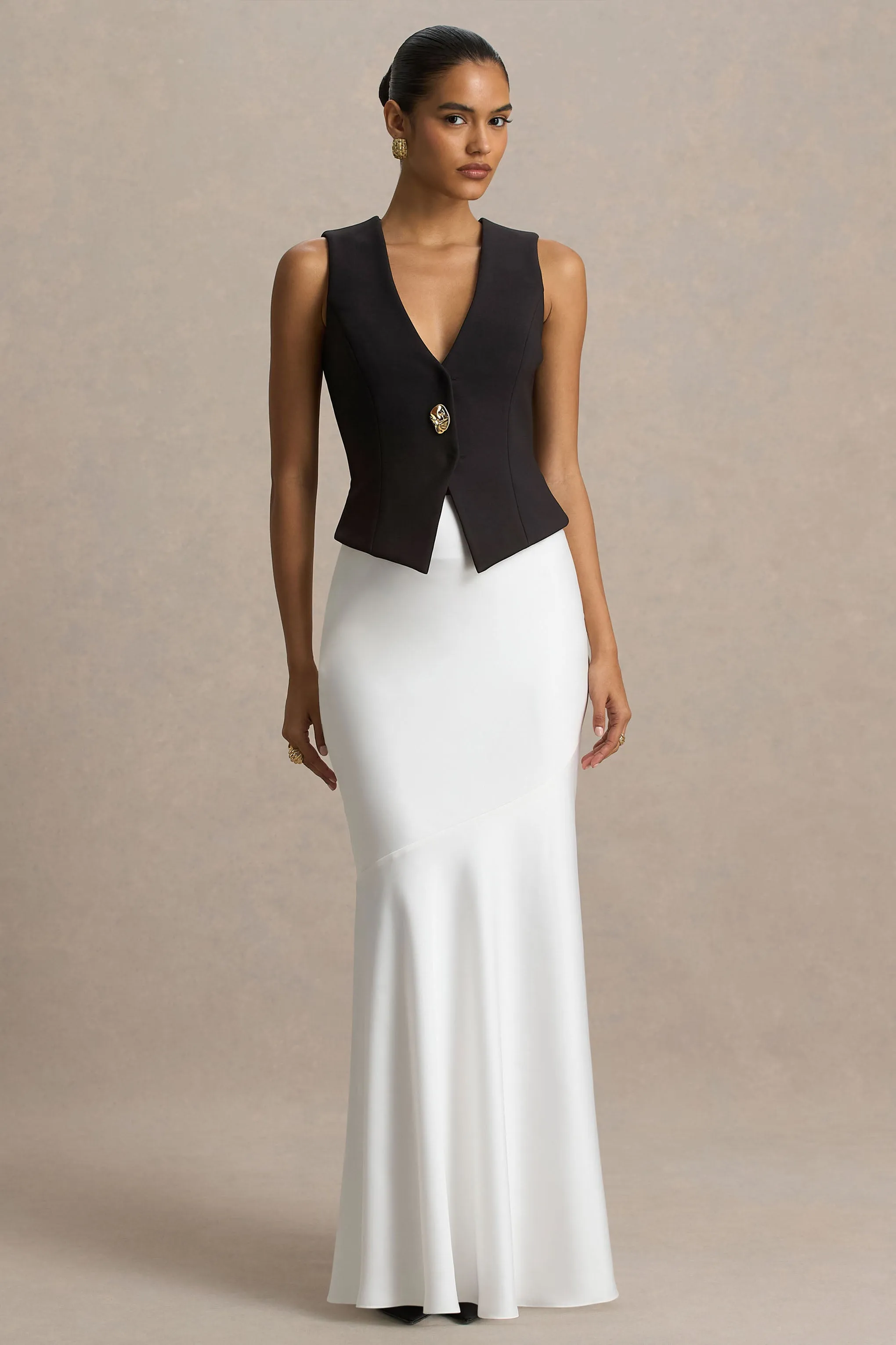 Lilah | Cream Satin Maxi Skirt sold by Club L London