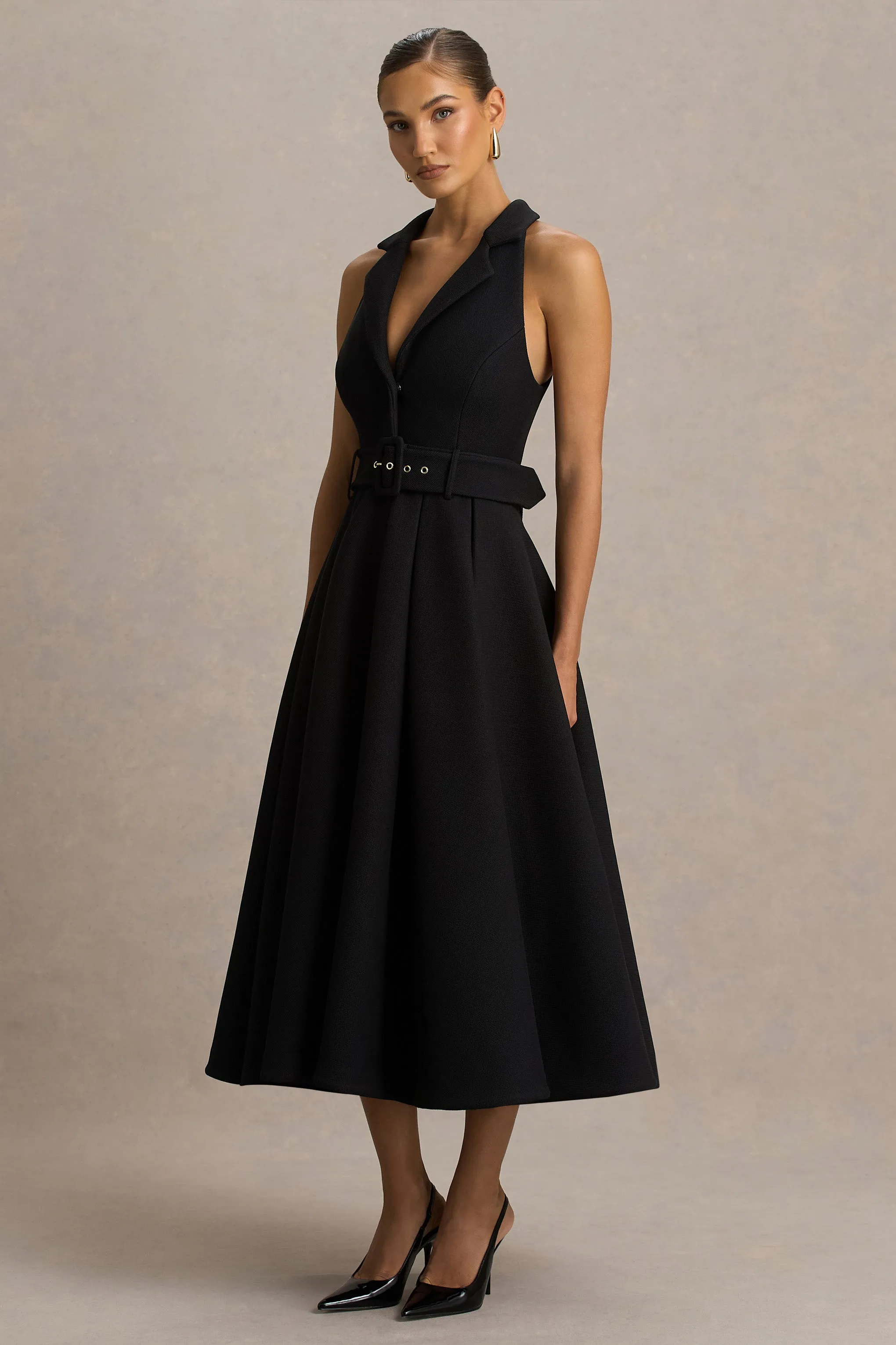 Alessa | Black Plunge-Neck Tailored Midi Dress sold by Club L London product image thumbnail 3