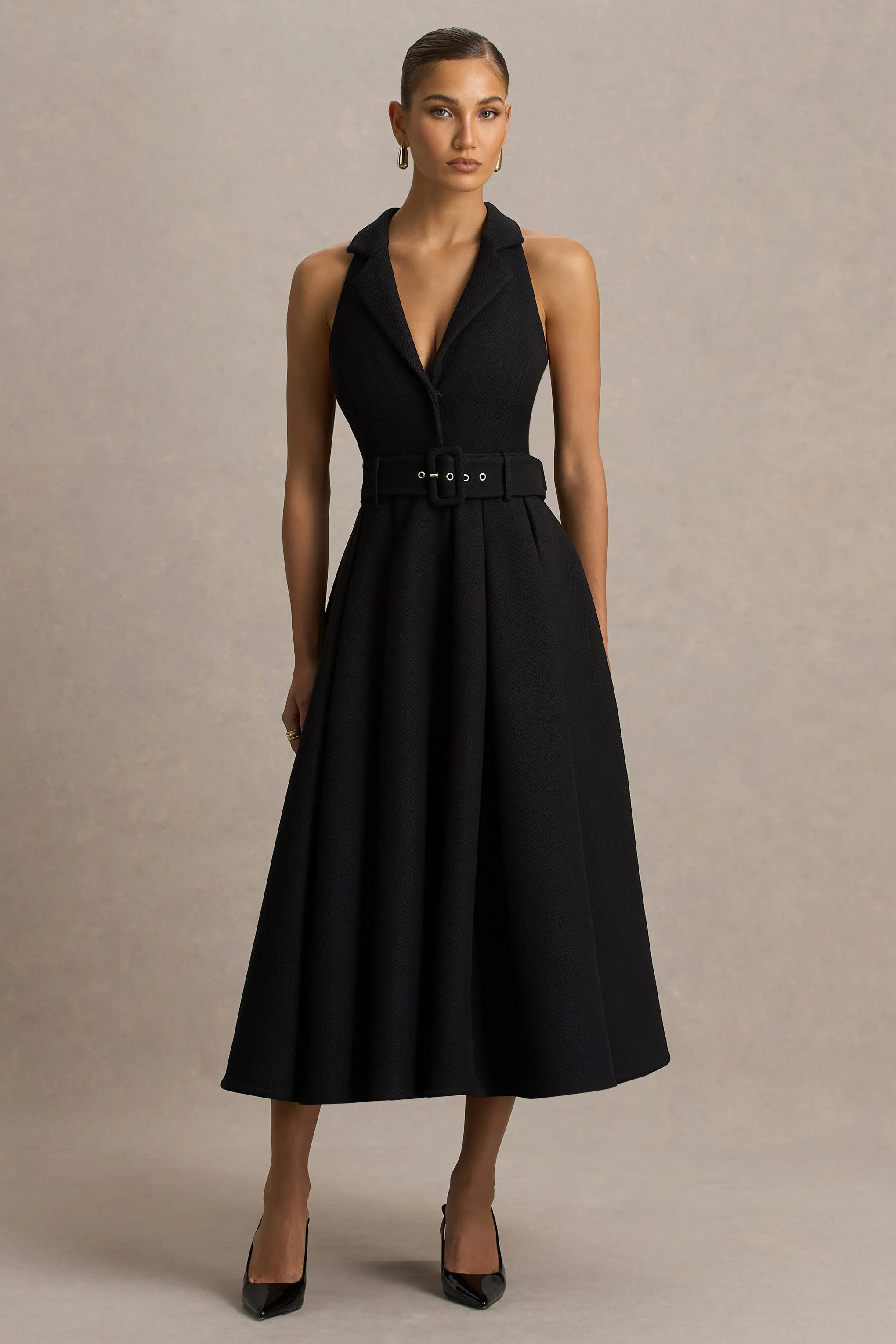 Alessa | Black Plunge-Neck Tailored Midi Dress sold by Club L London