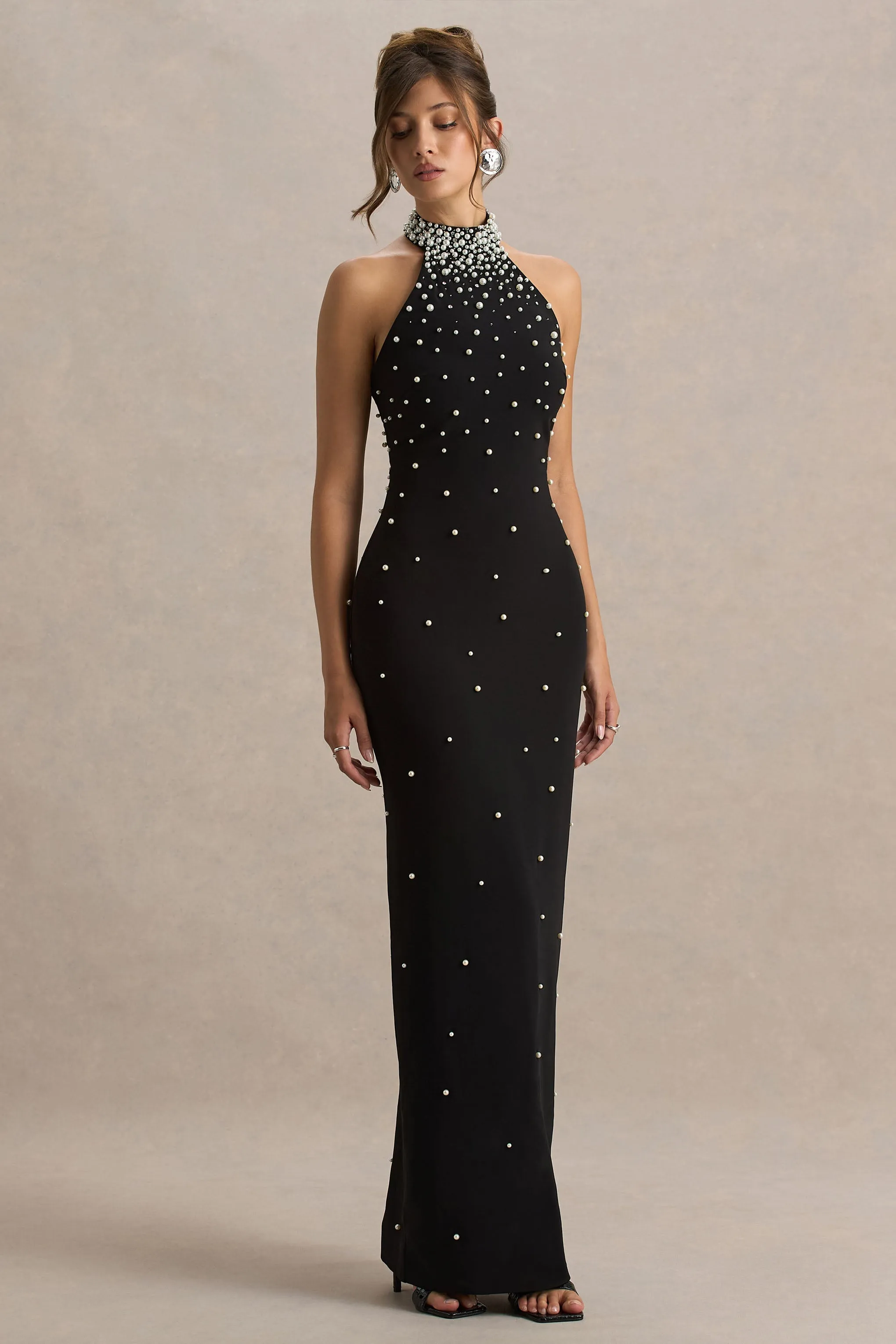Dani | Black Hand-Embellished Halter-Neck Maxi Dress sold by Club L London