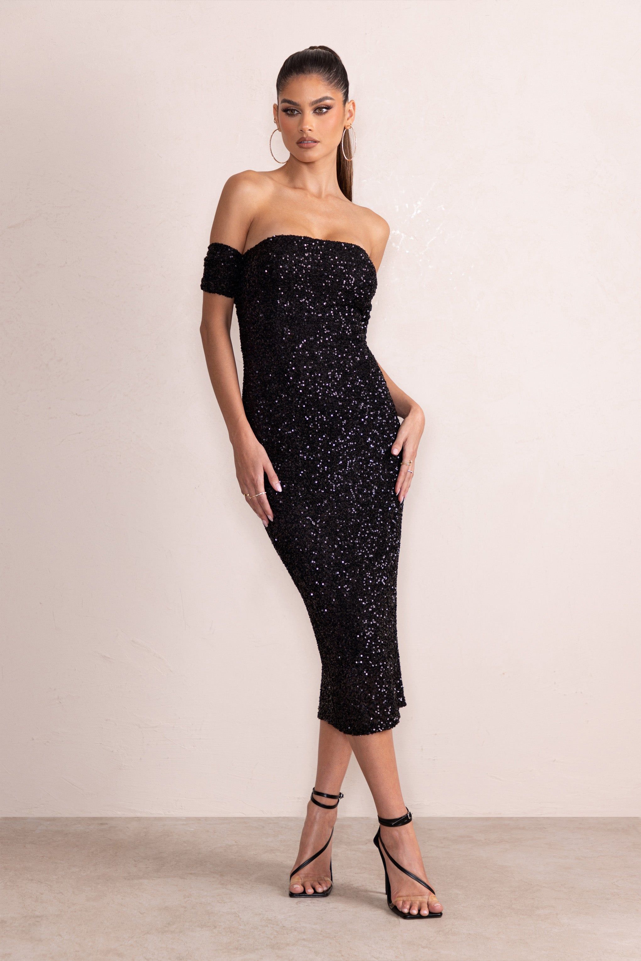 Aeris | Black Sequin Bardot Ruched Draped Midi Dress sold by Club L London product image thumbnail 5
