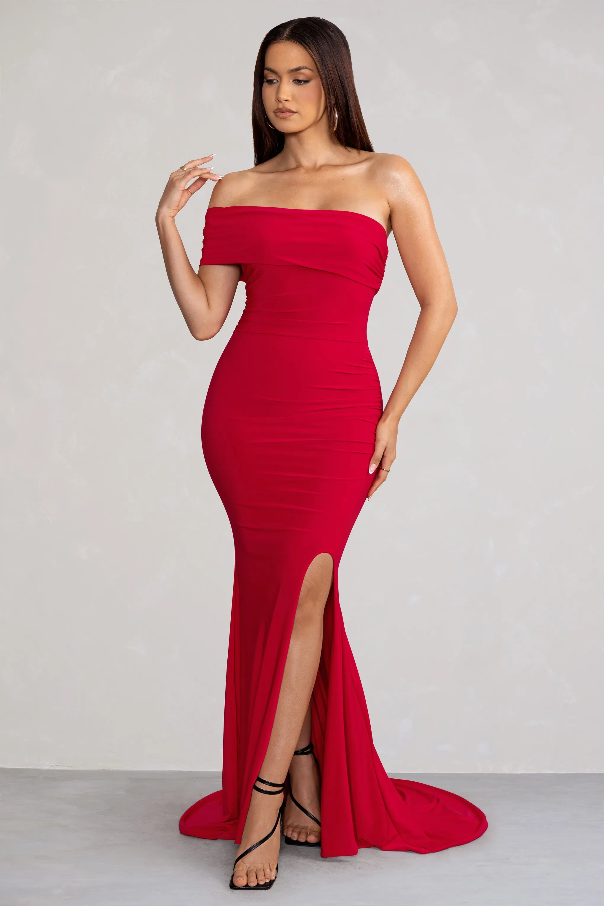 Forever & Always | Red One Shoulder Ruched Fishtail Maxi Dress sold by Club L London product image thumbnail 4