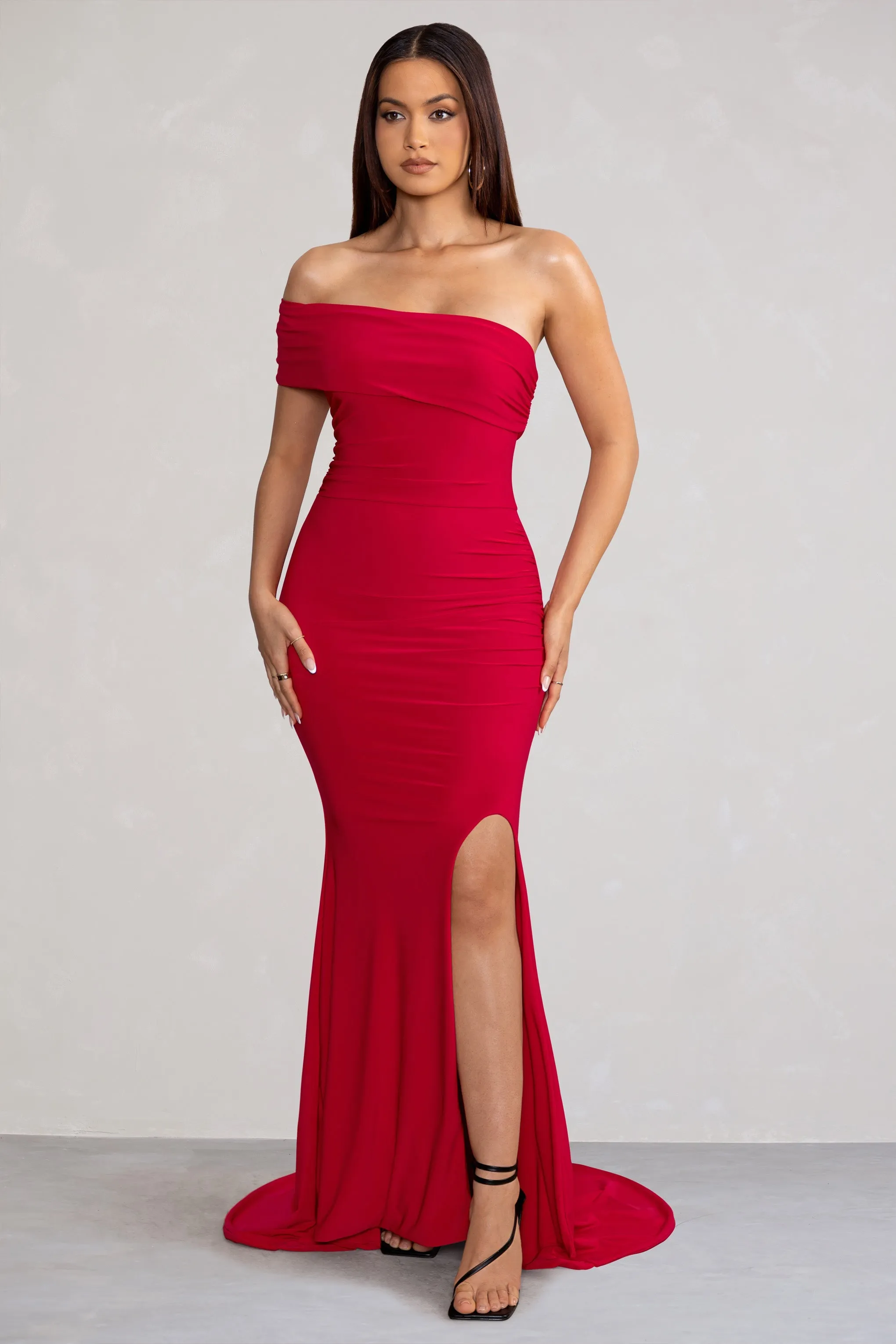 Forever & Always | Red One Shoulder Ruched Fishtail Maxi Dress sold by Club L London