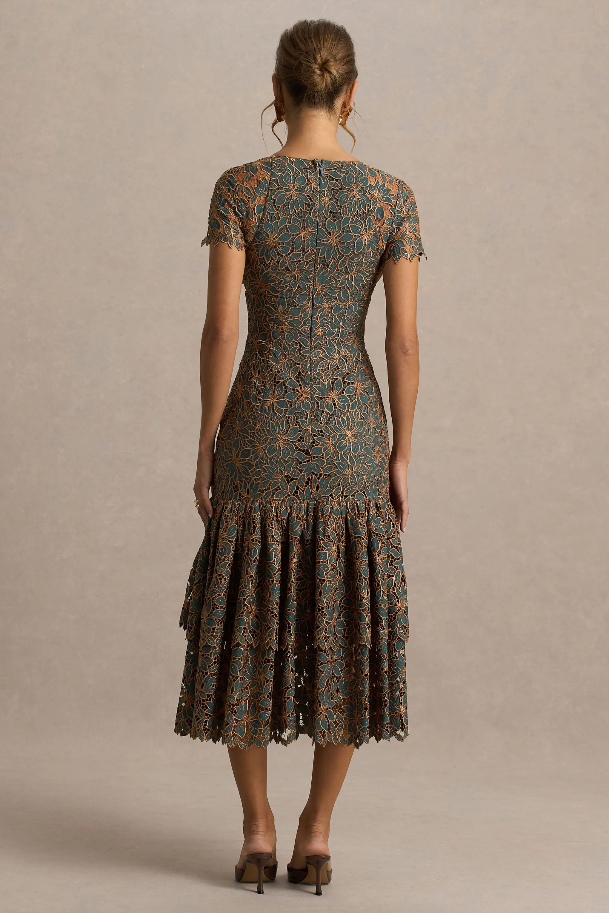 Sabrina | Dark Green And Rust Embroidered Plunge-Neck Midi Dress sold by Club L London product image thumbnail 2