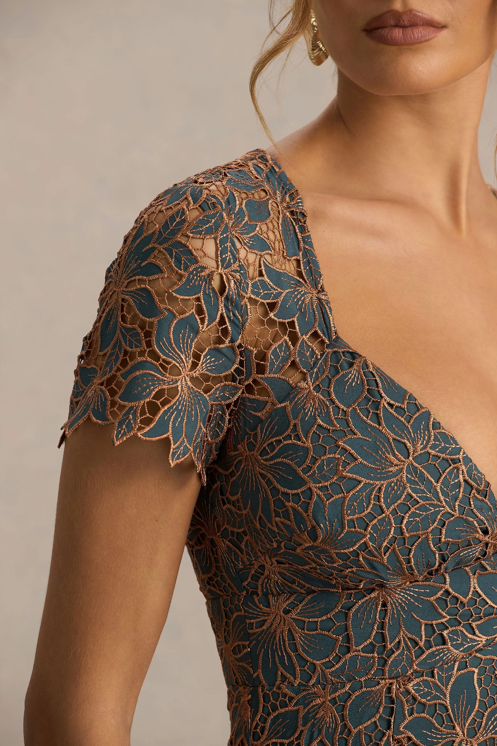 Sabrina | Dark Green And Rust Embroidered Plunge-Neck Midi Dress sold by Club L London product image thumbnail 3