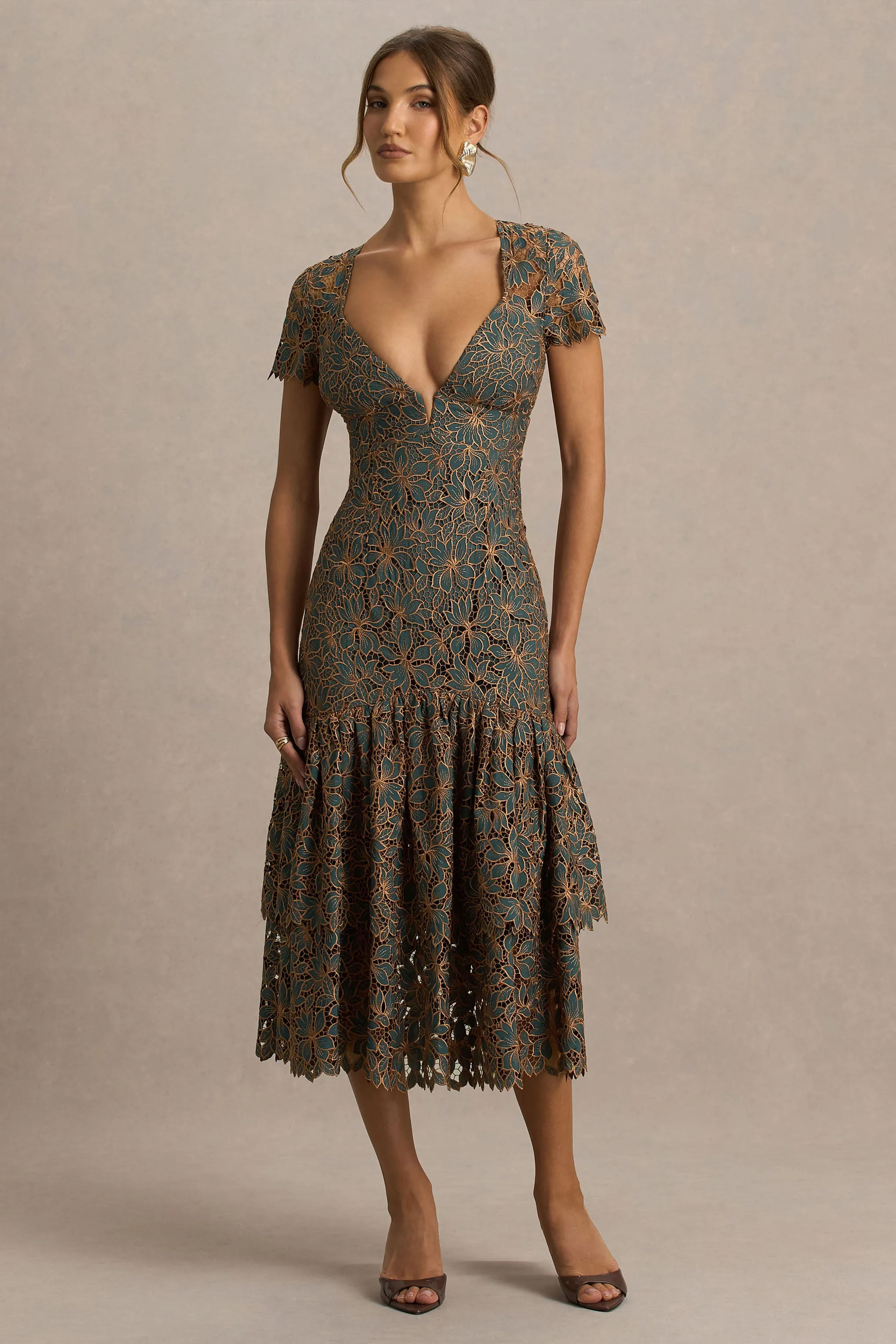 Sabrina | Dark Green And Rust Embroidered Plunge-Neck Midi Dress sold by Club L London product image thumbnail 4