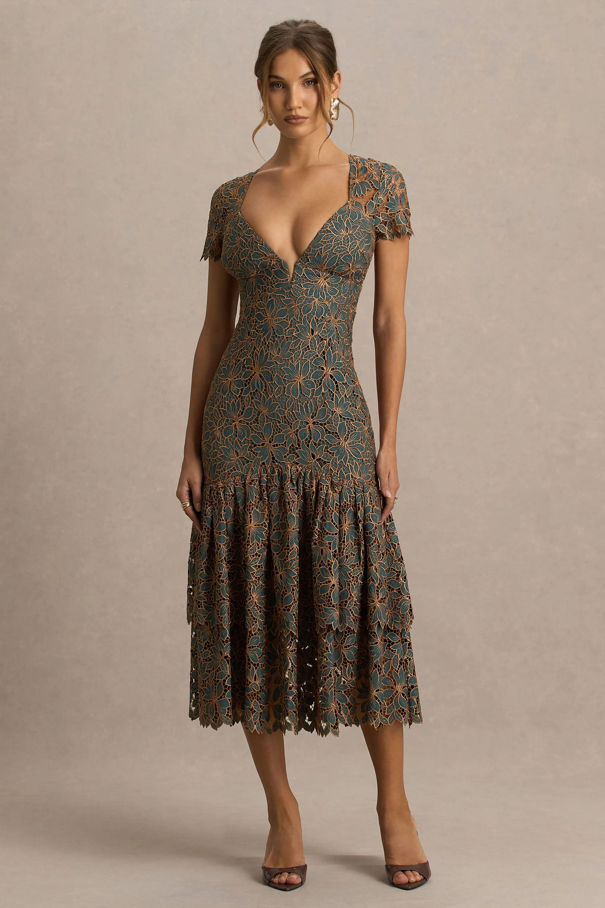 Sabrina | Dark Green And Rust Embroidered Plunge-Neck Midi Dress sold by Club L London