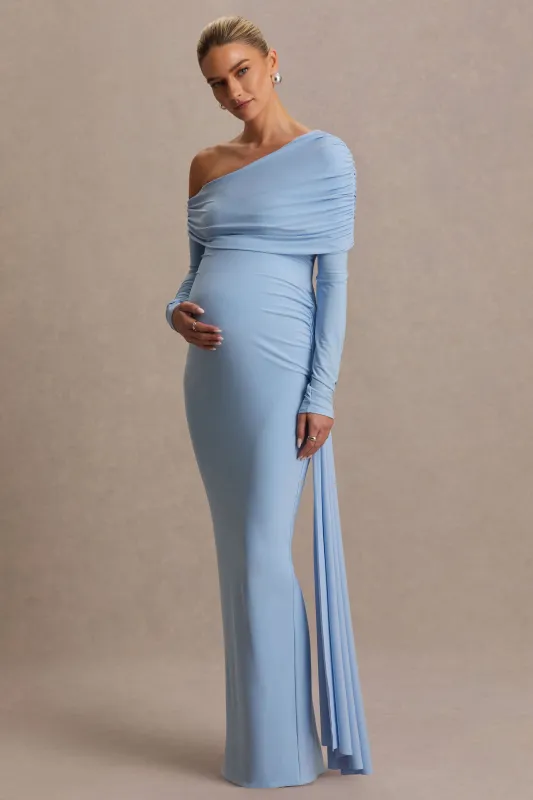 Amara | Powder Blue Asymmetric-Neck Maternity Maxi Dress With Sash Detail sold by Club L London
