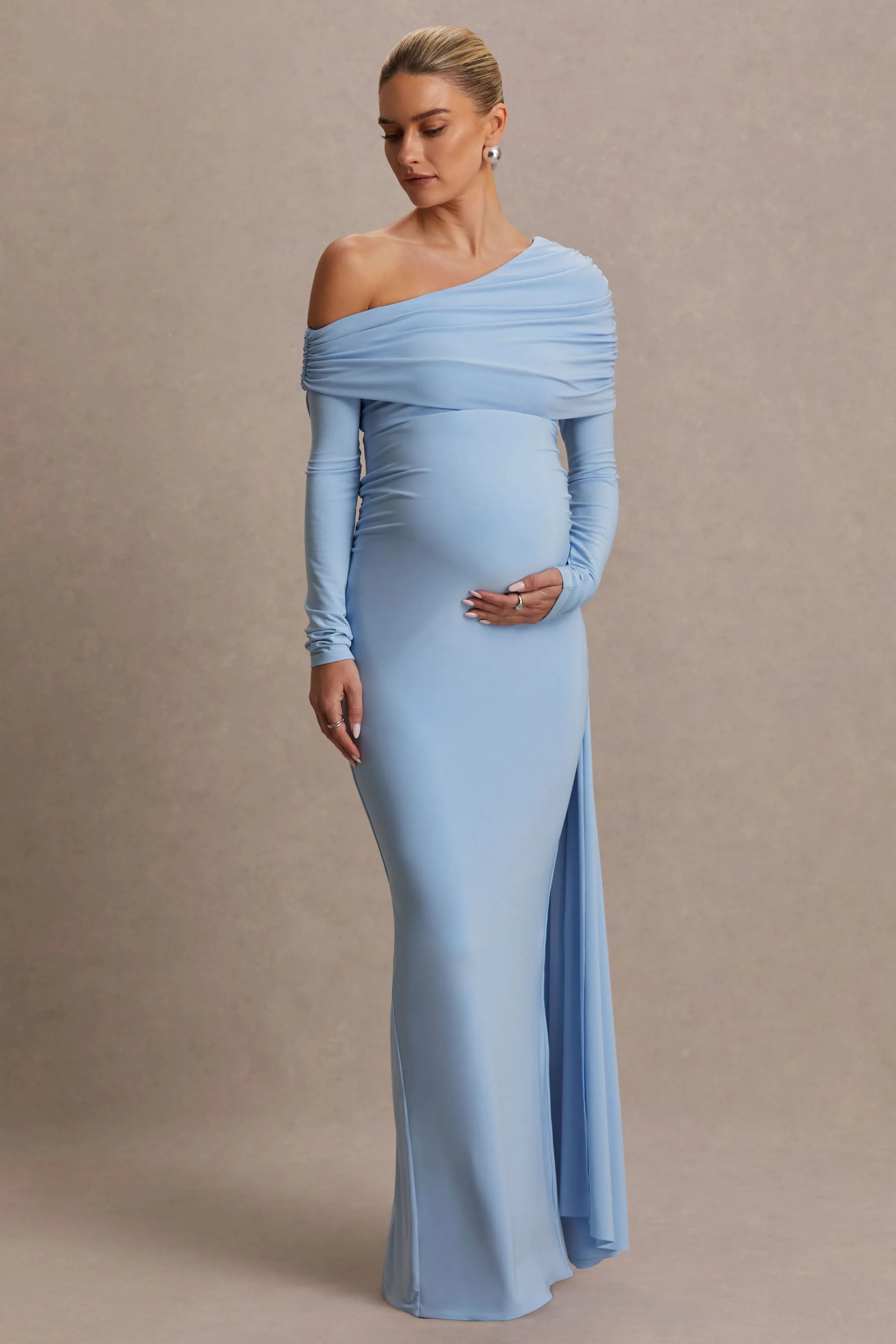 Amara | Powder Blue Asymmetric-Neck Maternity Maxi Dress With Sash Detail sold by Club L London product image thumbnail 5