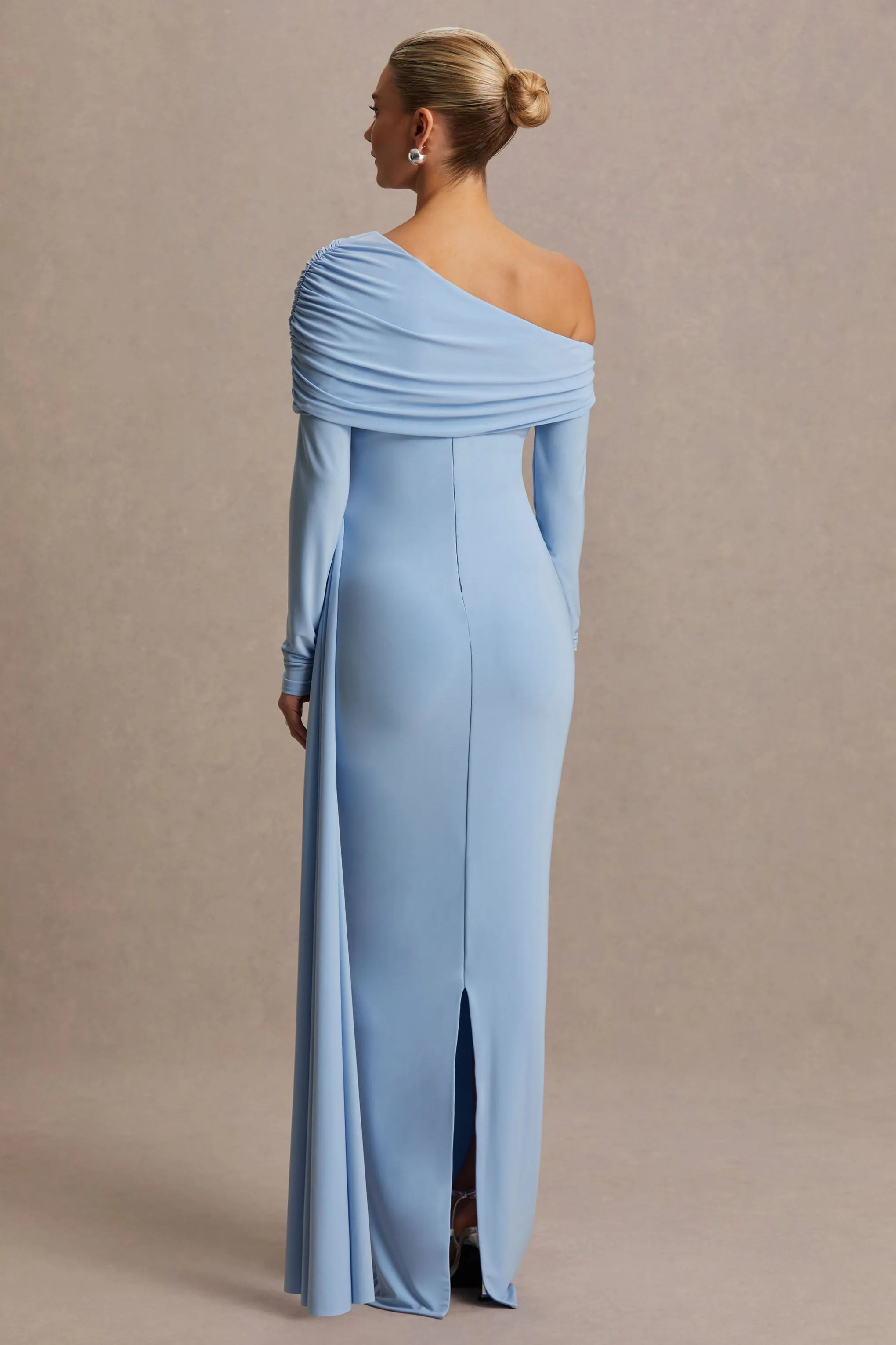 Amara | Powder Blue Asymmetric-Neck Maternity Maxi Dress With Sash Detail sold by Club L London product image thumbnail 2