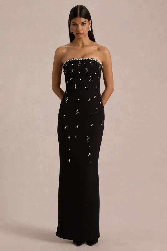 Rominia | Black Bandeau Hand-Embellished Maxi Dress sold by Club L London