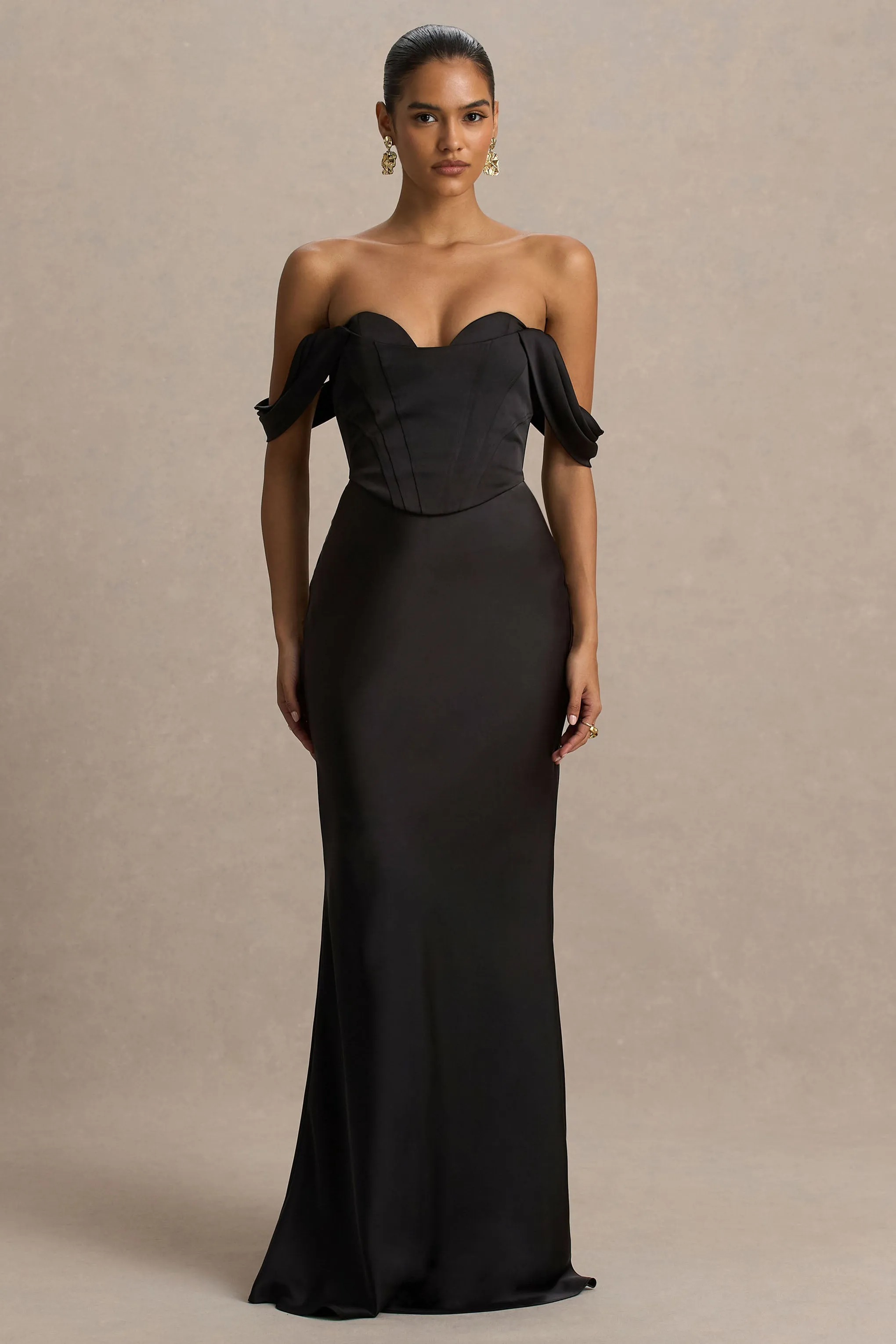 Perenna | Black Satin Sweetheart-Neck Maxi Dress With Draped-Sleeves sold by Club L London product image thumbnail 4
