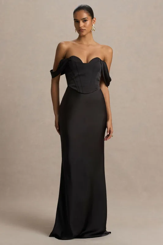 Perenna | Black Satin Sweetheart-Neck Maxi Dress With Draped-Sleeves sold by Club L London