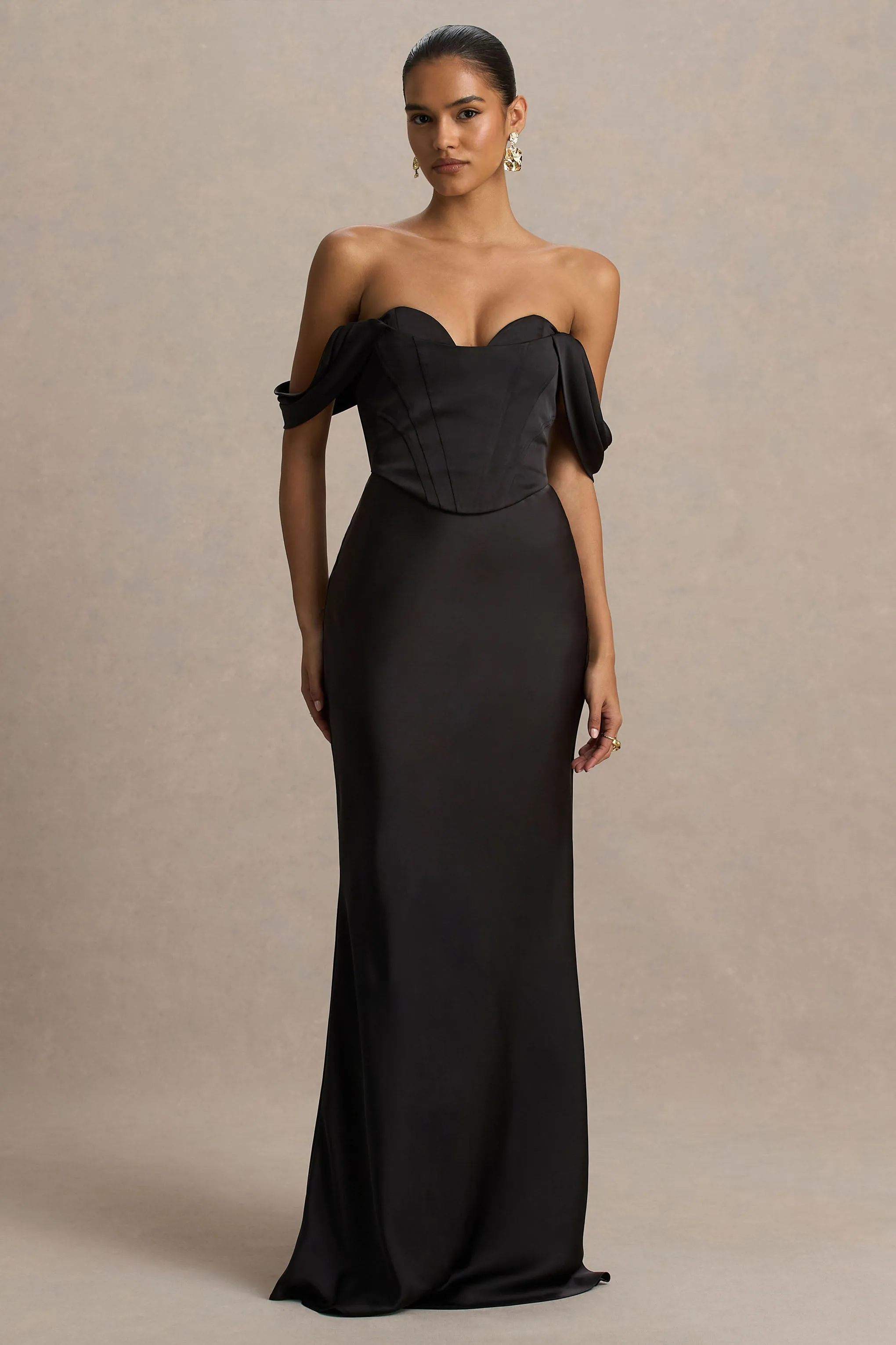 Perenna | Black Satin Sweetheart-Neck Maxi Dress With Draped-Sleeves sold by Club L London