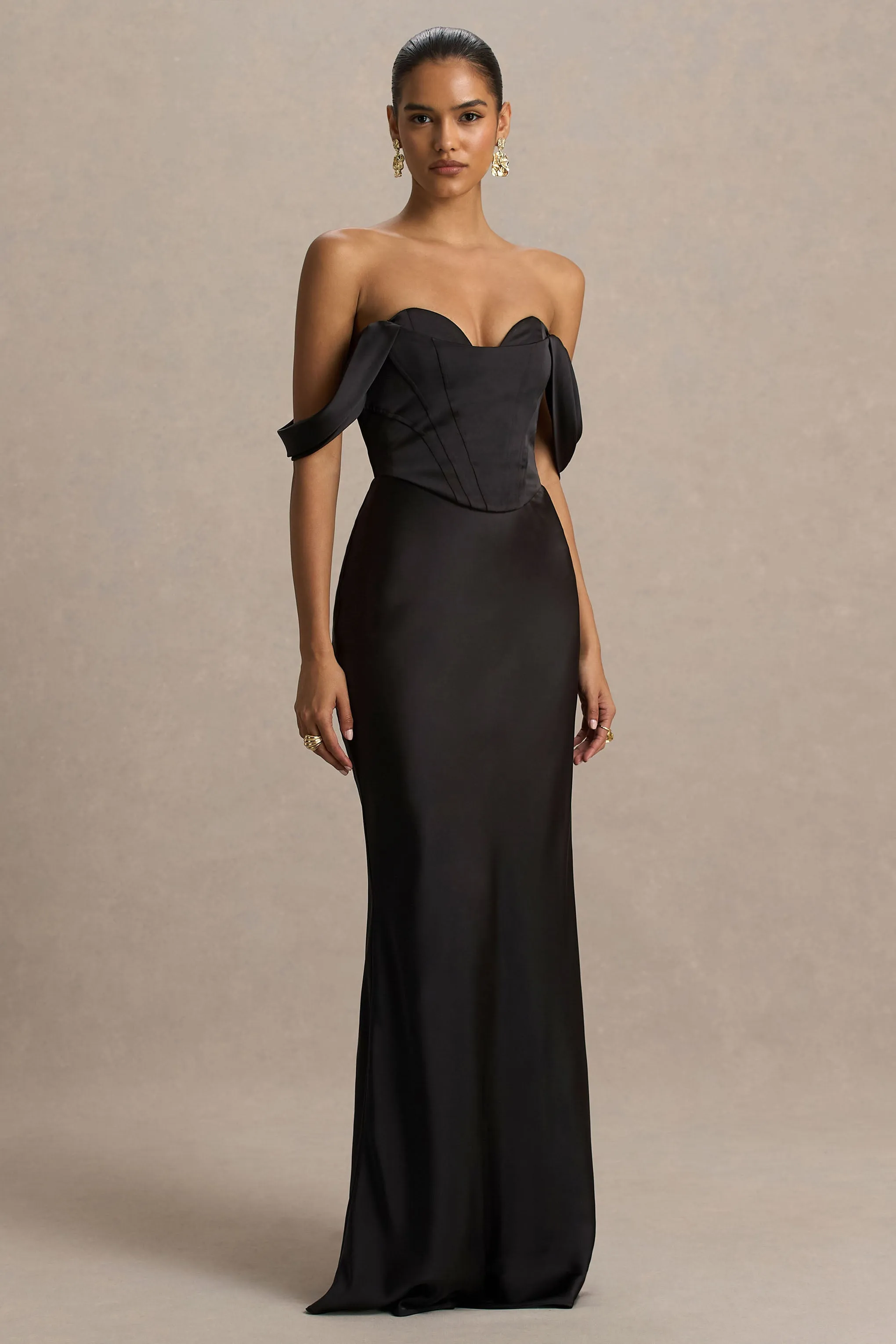 Perenna | Black Satin Sweetheart-Neck Maxi Dress With Draped-Sleeves sold by Club L London product image thumbnail 5
