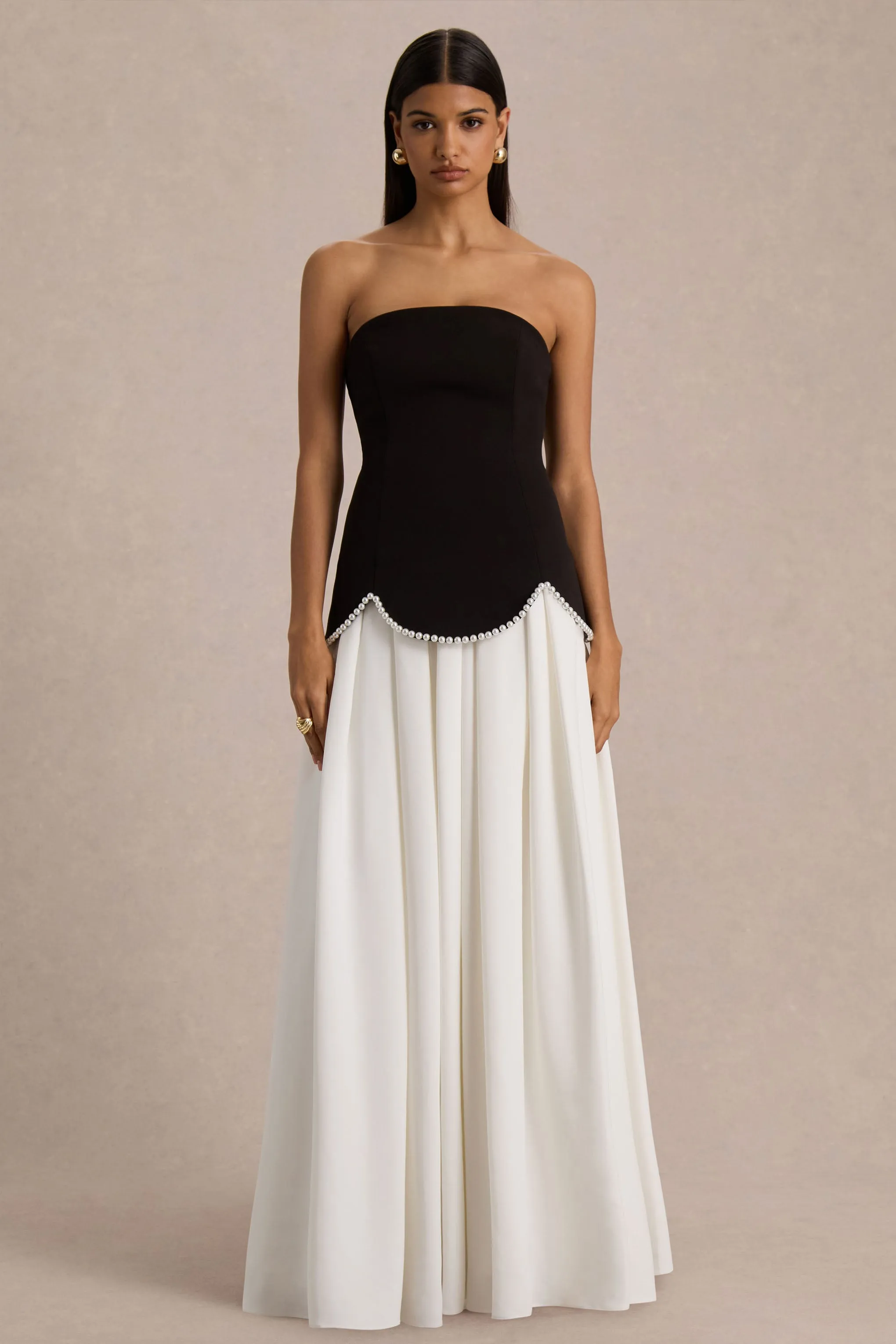 Wendy | Black And White Maxi Dress With Drop-Waist And Pearl Embellishment sold by Club L London product image thumbnail 5