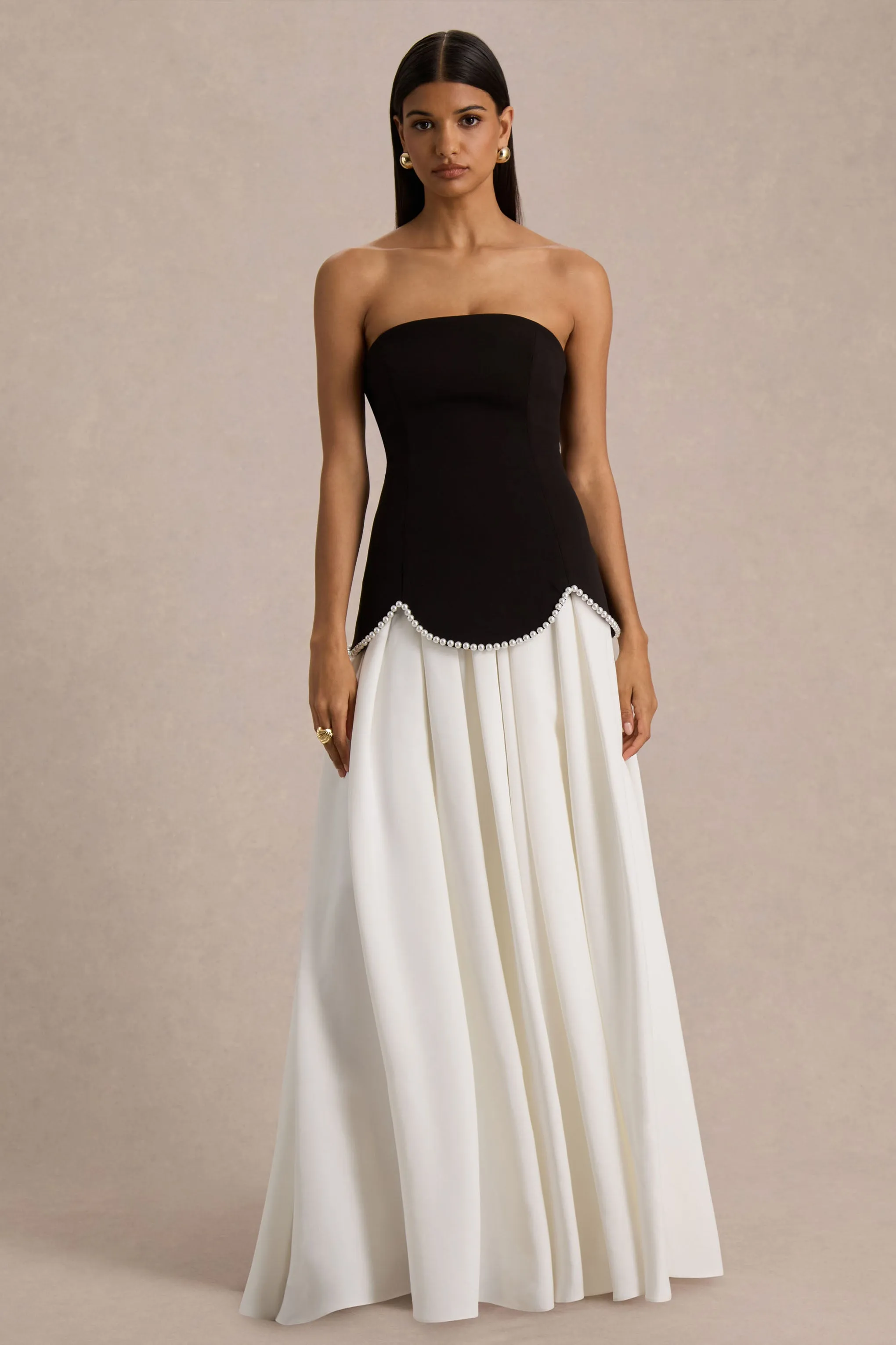 Wendy | Black And White Maxi Dress With Drop-Waist And Pearl Embellishment sold by Club L London