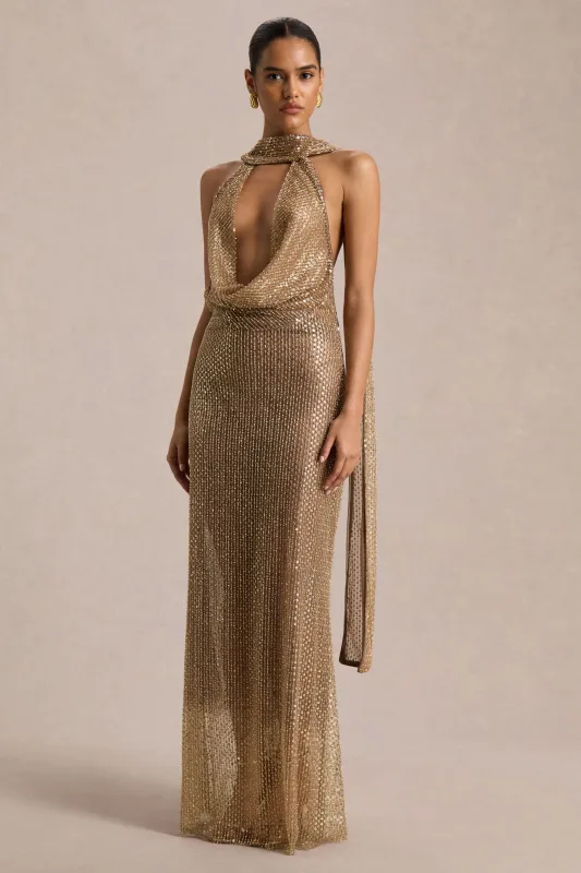 Anele | Gold Sequin High-Neck Maxi Dress With Sash And Open-Back sold by Club L London