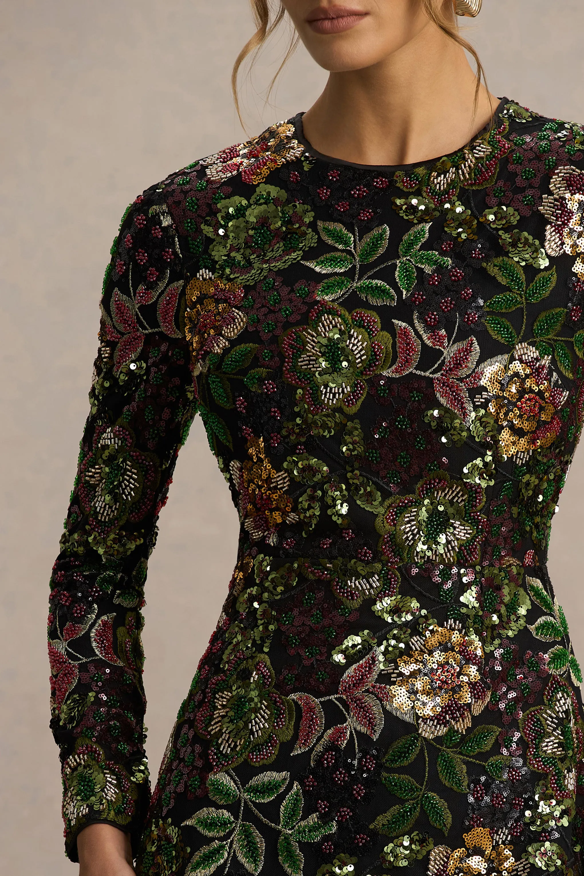 Moonlit | Winter Floral Mesh And Sequin Crew-Neck Mini Dress sold by Club L London product image thumbnail 3