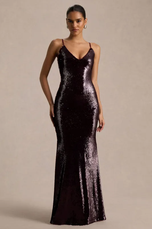 Lenor | Burgundy Plunge-Neck Maxi Dress sold by Club L London