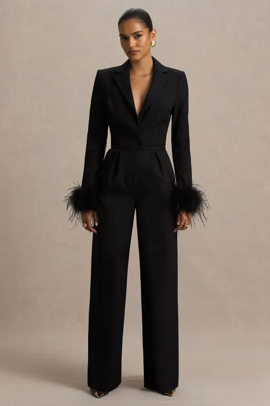 Lissy | Black Plunge-Neck Jumpsuit With Feather-Detailed Sleeves sold by Club L London