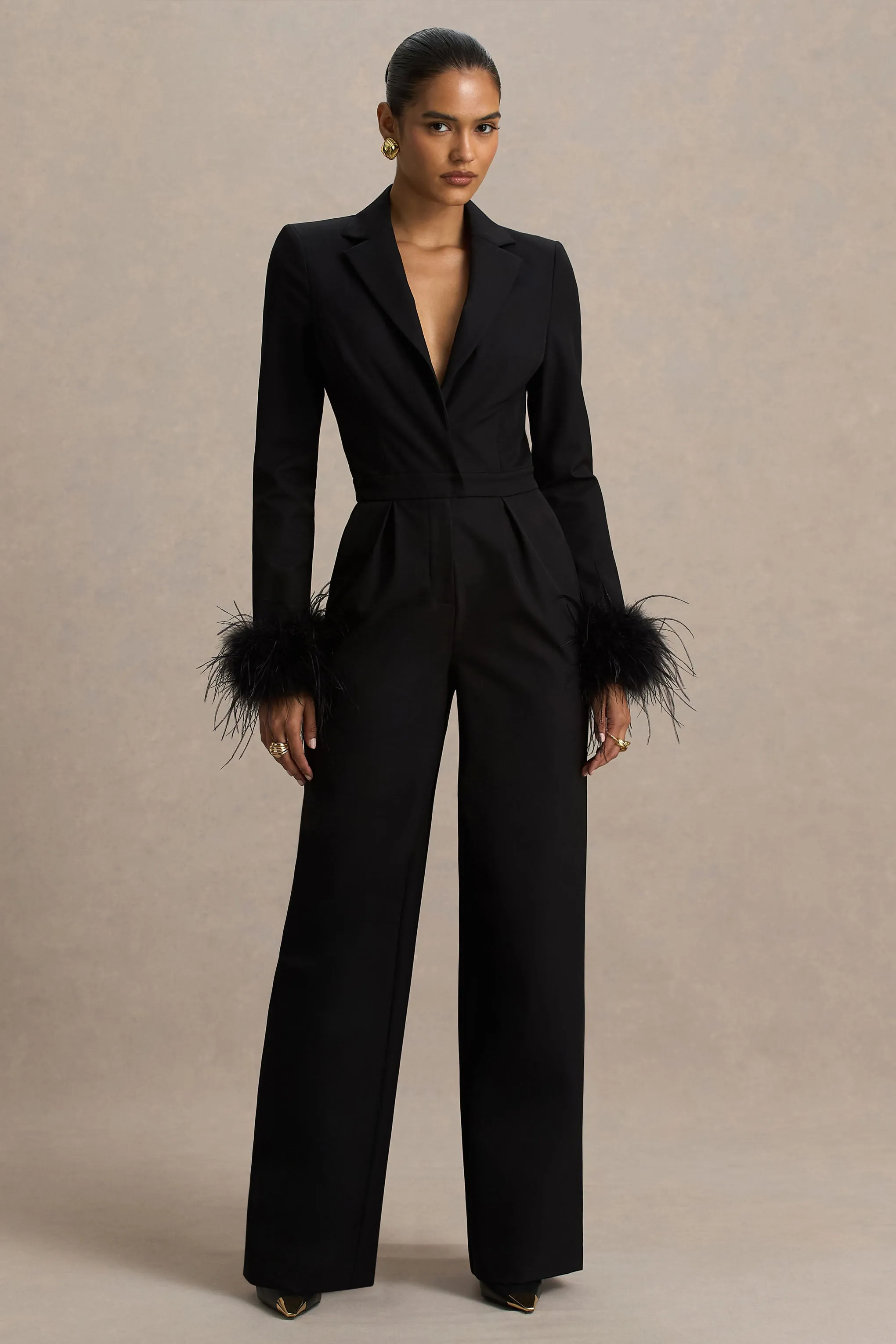 Lissy | Black Plunge-Neck Jumpsuit With Feather-Detailed Sleeves sold by Club L London product image thumbnail 5