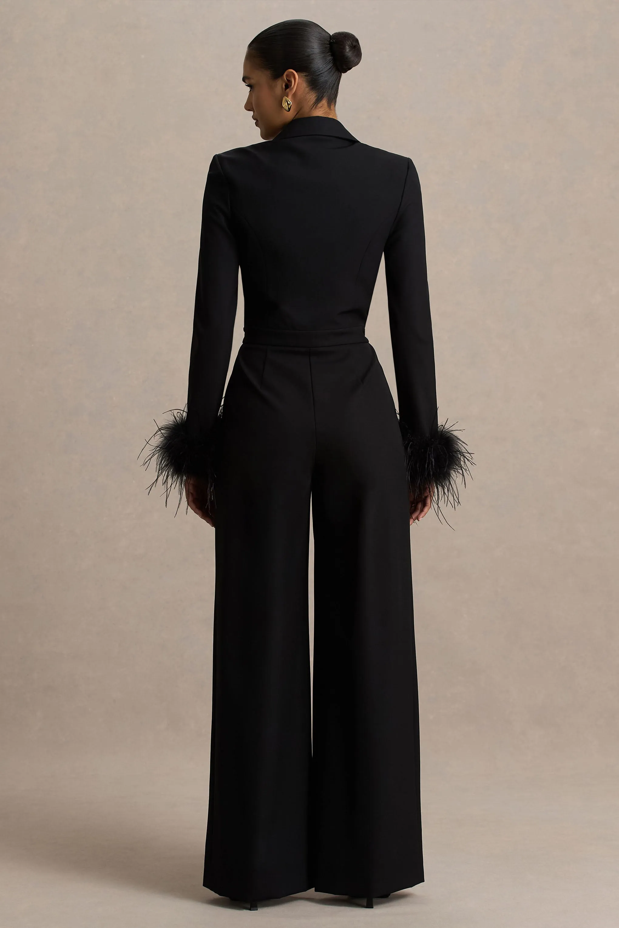 Lissy | Black Plunge-Neck Jumpsuit With Feather-Detailed Sleeves sold by Club L London product image thumbnail 2