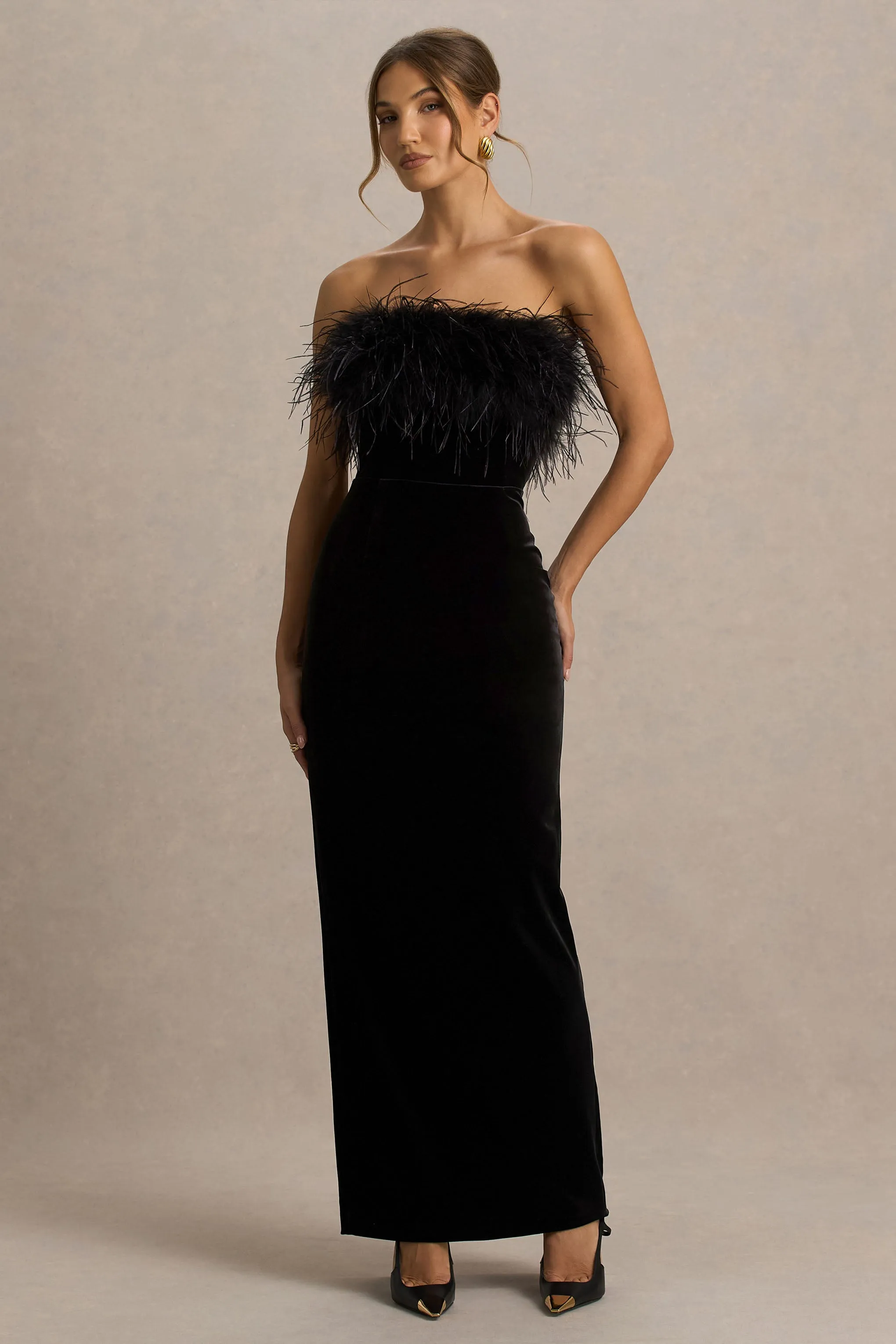 Arella | Black Velvet Bandeau Maxi Dress With Feather Trim sold by Club L London product image thumbnail 5